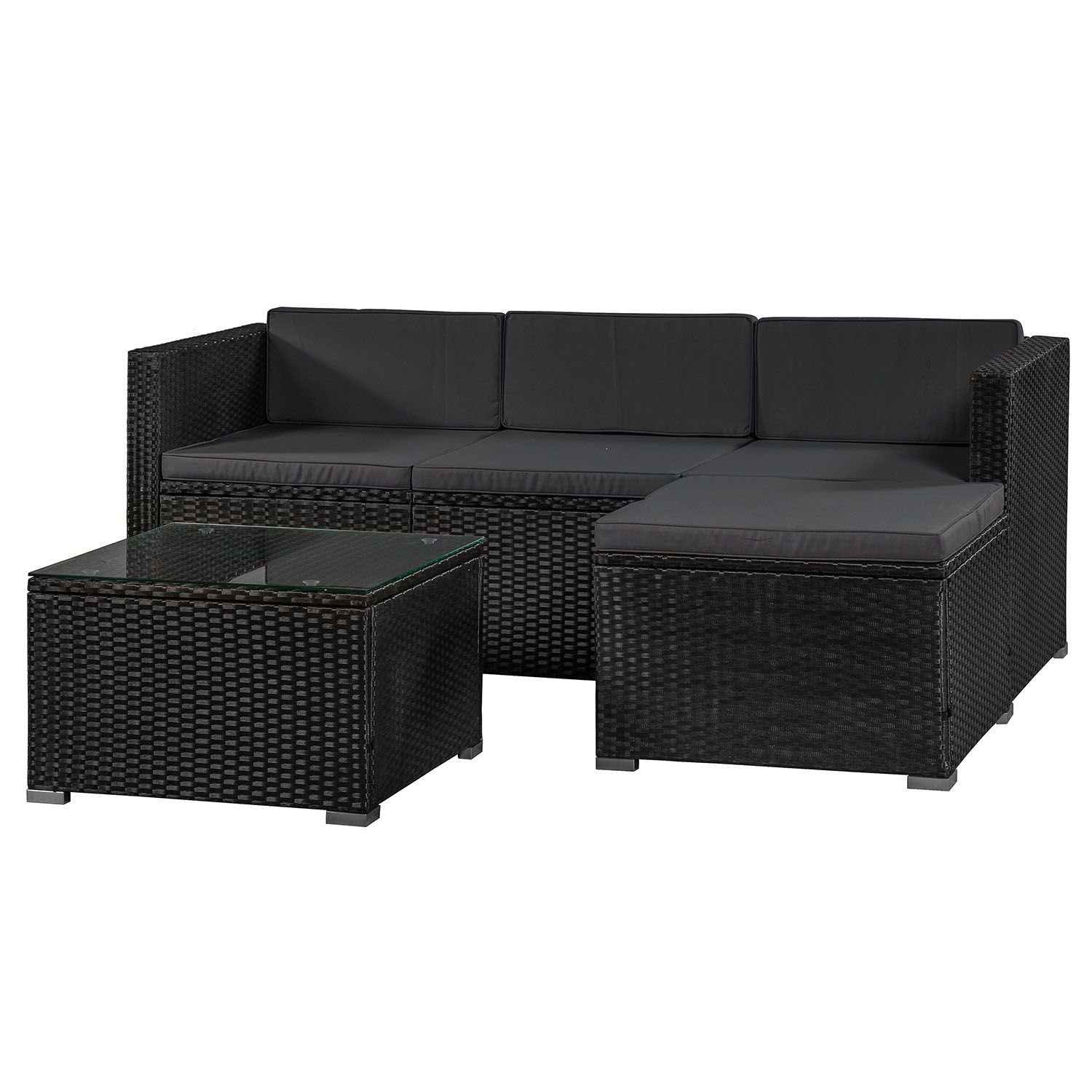 Juskys Gartenlounge-Set Punta Cana, (Set, Sitzgruppe), Polyrattan Sitzgarnitur mit 1 Tisch, 1 Sofa und 1 Hocker Schwarz