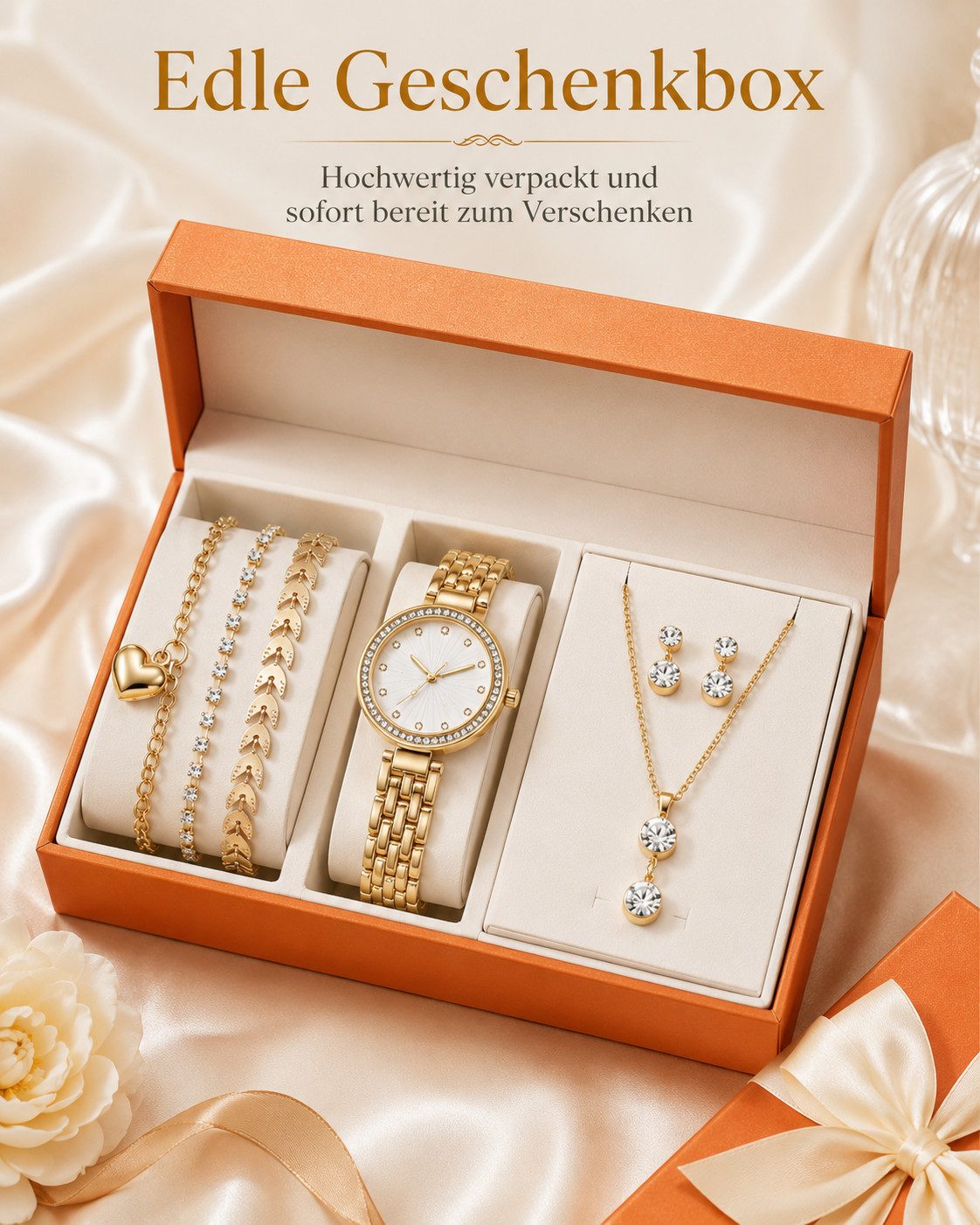 Fyrove Quarzuhr Damen Schmuck-Uhrenset Elegante Geschenkbox – Geschenk für Frauen, (mit Quarzuhr, Halskette, Ohrringen und 3 Armbändern inkl, 7-tlg., Valentinstagsgeschenk für Frauen, Weihnachtsgeschenk für Frauen)