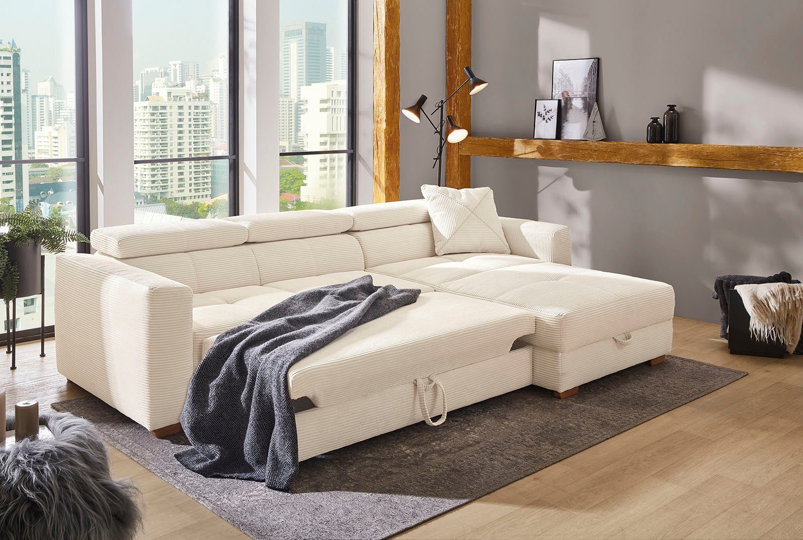 Jockenhöfer Gruppe Ecksofa San Bettfunktion, rechts oder mane hellbeige1 Bettkasten, links Relaxfunktion, hellbeige | Remo