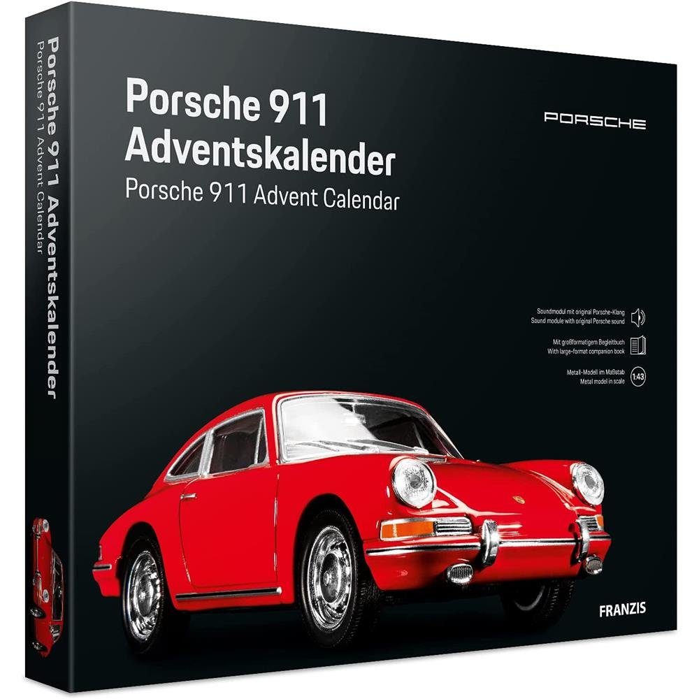 Franzis Adventskalender Porsche 911, Rot, Modellbausatz, Maßstab 1:43, aus Metall, mit Sound