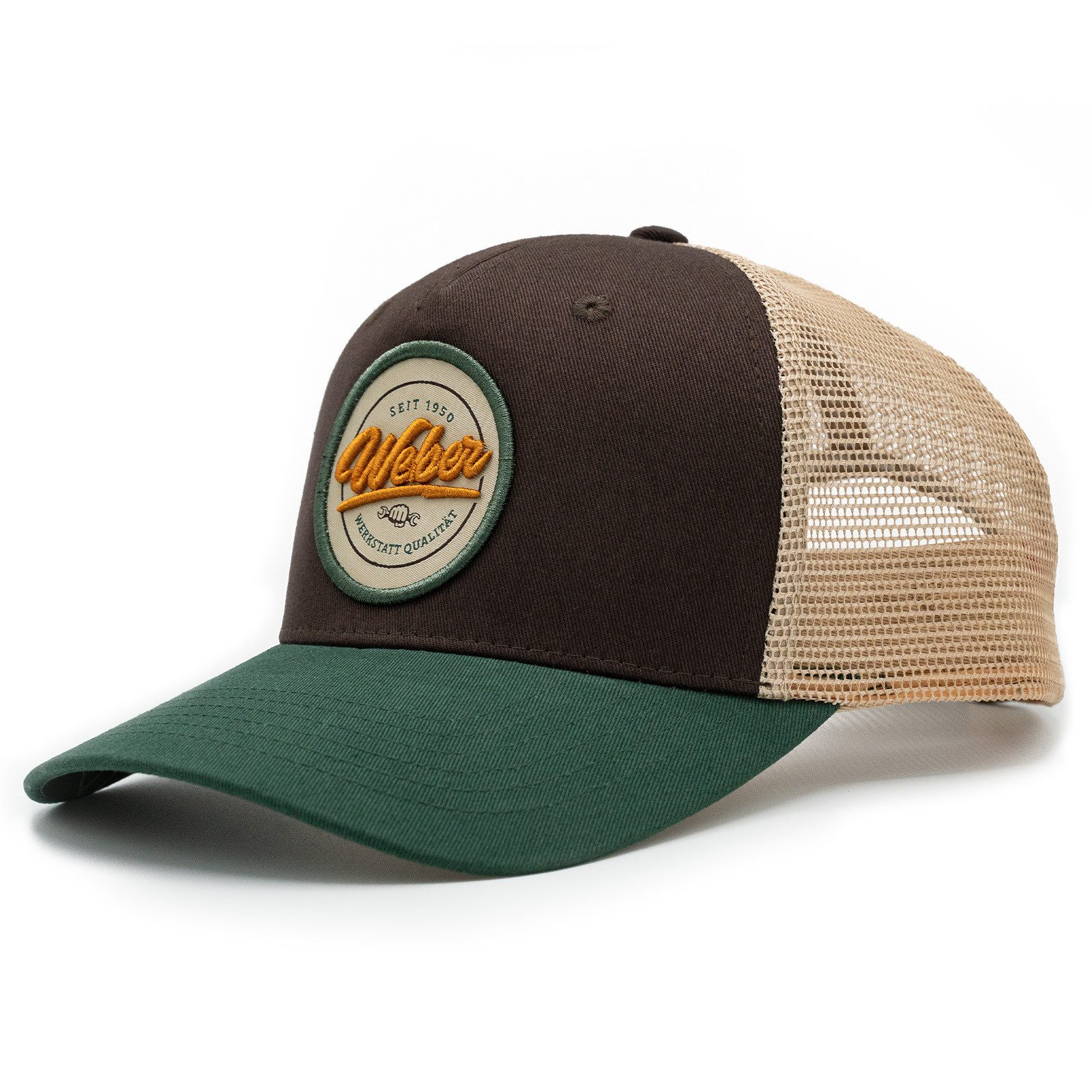 Weber GmbH Trucker Cap Weber #Werkeholics Mesh Baseball Cap braun/beige/grün (1-St) basecap, mit bedrucktem Unterschirm