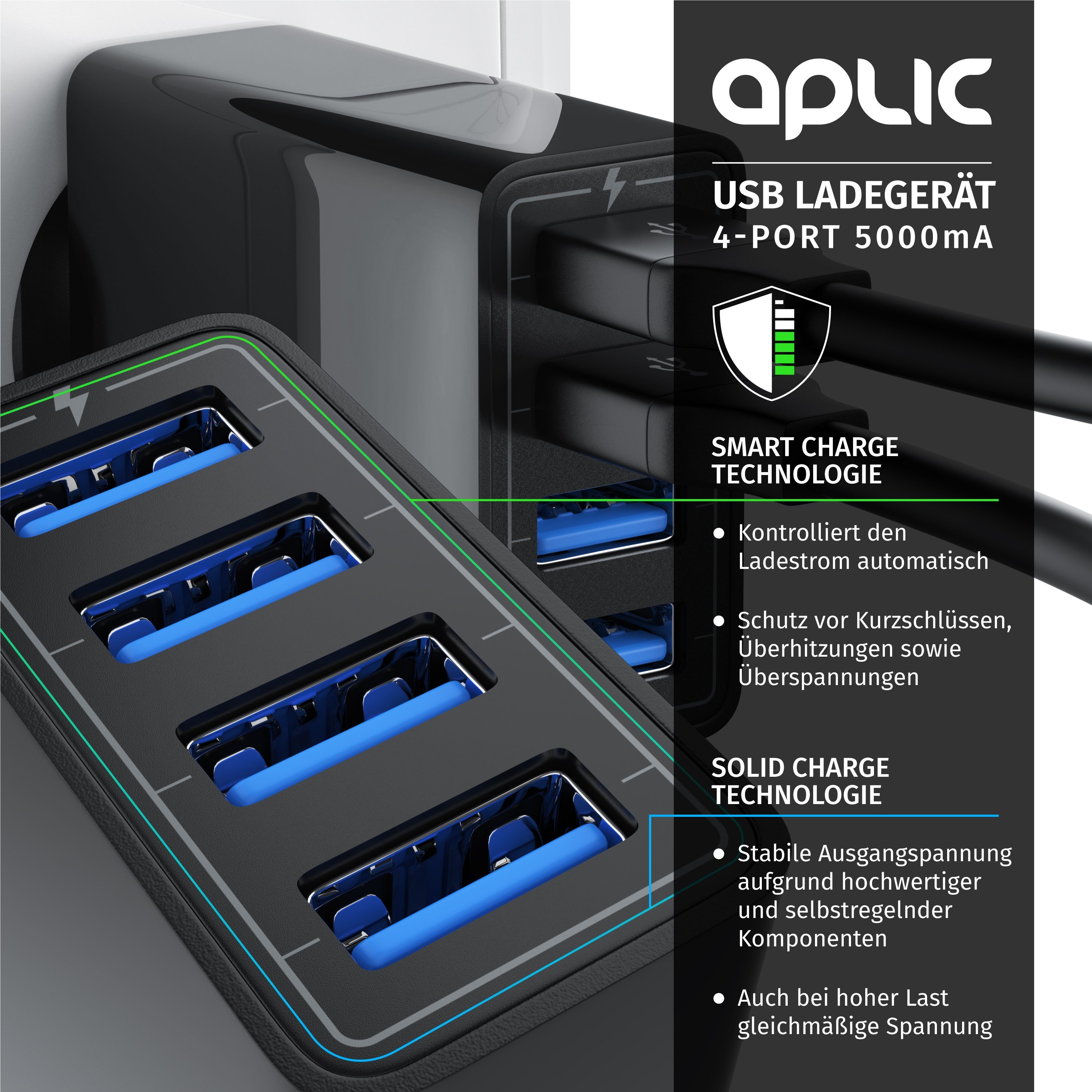 Aplic USB-Ladegerät (5000 mA, 4-Port Netzteil für Handy, Tablet uvm. 5000mA, 2,4A Max. je Port, 25W)
