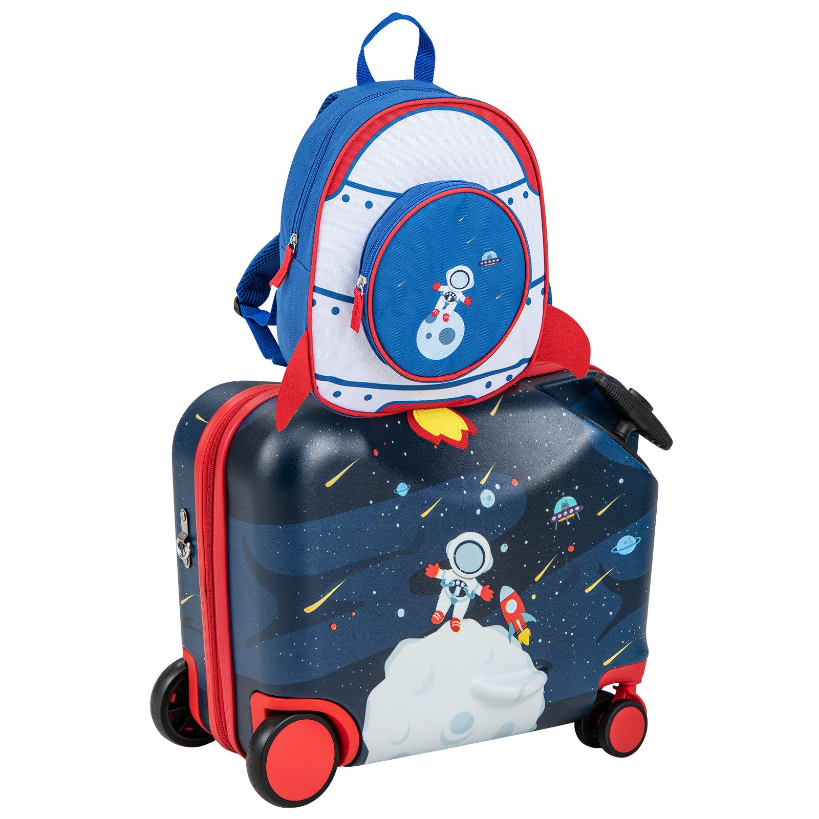 COSTWAY Kinderkoffer 12"+18" Kindertrolley, zum sitzen, mit 4 Rollen & Rucksack