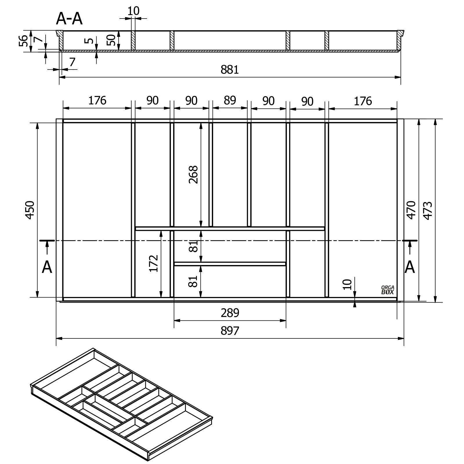 SO-TECH® Besteckeinsatz Bambus Besteckkasten ORGA-BOX 3 für Nobilia-Küche ab 08/2012, für 100er Schublade (473 x 897 mm) mit 11 Fächern – Bild 5 von 5