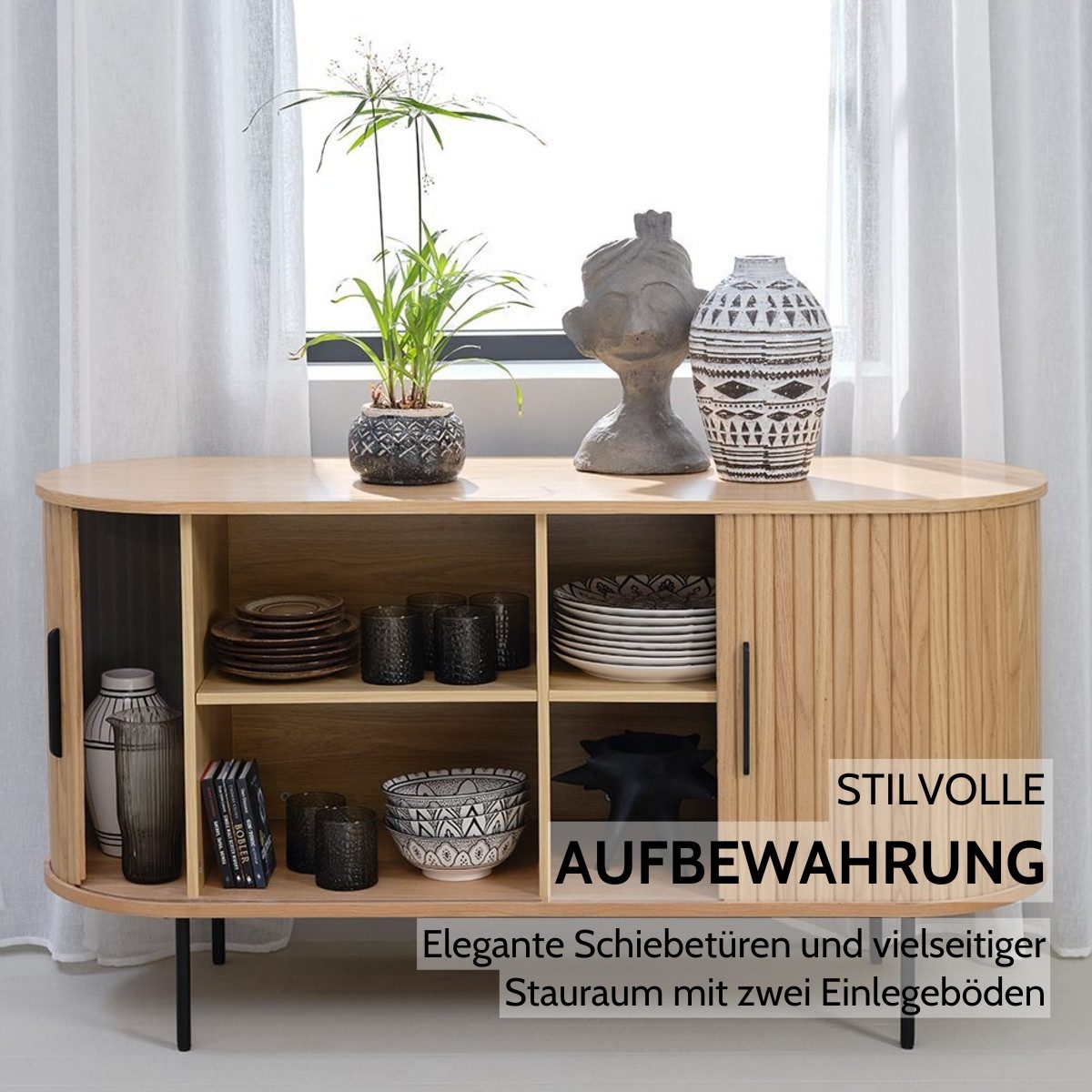 Liadomo Sideboard Uriel, Kommode, Stauraummöbel, 140 oder 180 cm Breite, Furnier in Echtholz, Schiebetüren, Lamellen-Optik, vier Farben