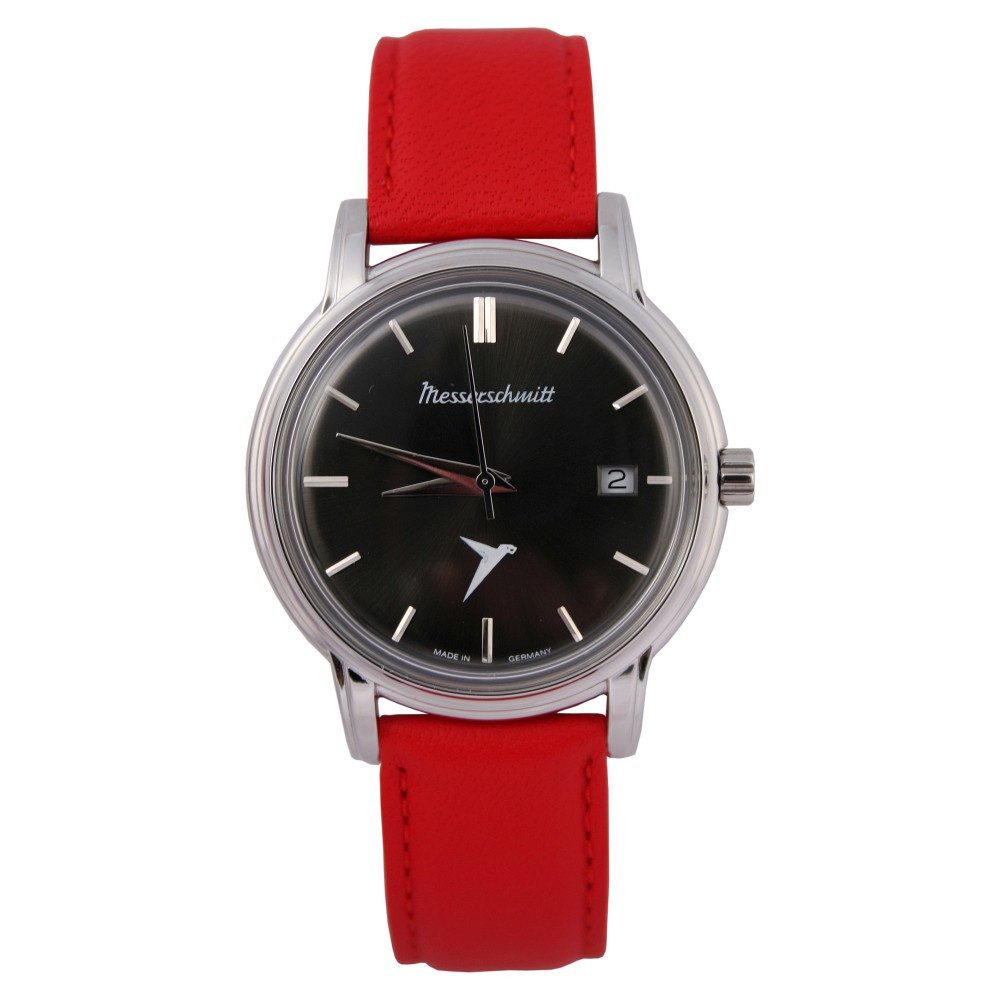 Messerschmitt Quarzuhr KR200-AR, Kabinenroller Vintage Fliegeruhr - Edelstahl – Ronda 515, elegantes schwarzes Zifferblatt - rotem Lederarmband - Made in Germany