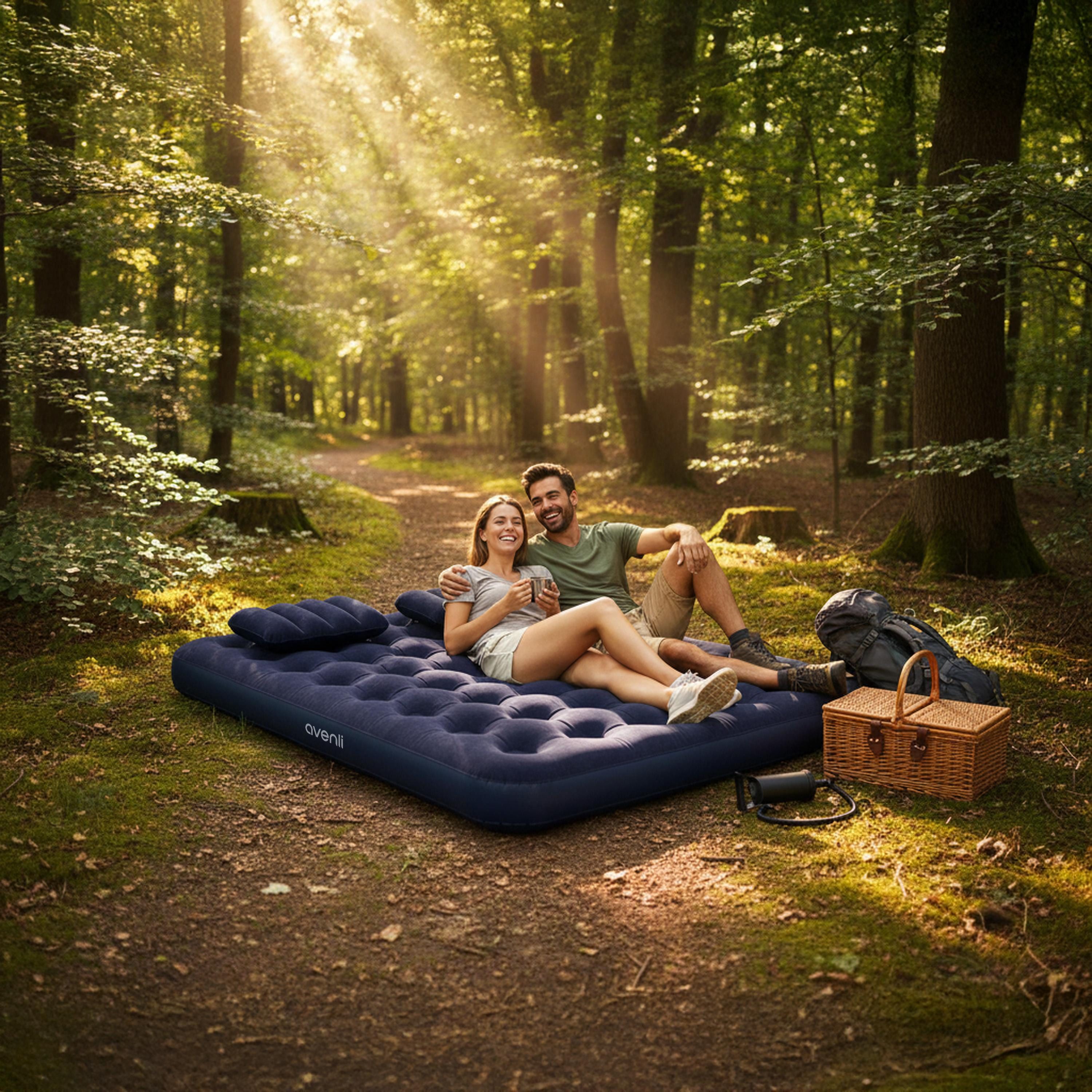 Avenli Luftbett Camping Set für 2-3 Personen mit Pumpe & Kissen 203x183x22cm King-Size, (Luftmatratze aufblasbar Ideal als Reisebett oder Isomatte, 1-tlg., Set inklusive Luftpumpe und Luftkissen), für Indoor und Outdoor mit beflockter Oberfläche