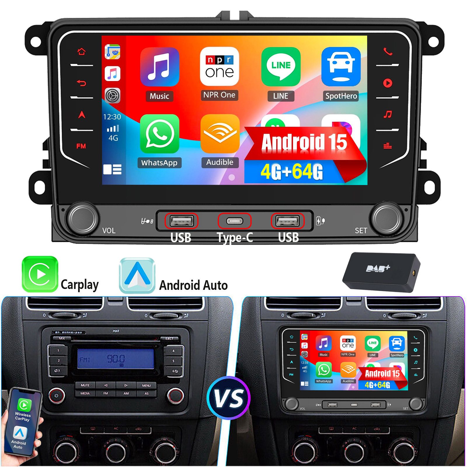 ESSGOO Android 15 Für VW GOLF 5 6 Touran EOS Tiguan Polo 6R Passat Caddy 2DIN Autoradio (RDS, 2DIN, 4+64G(optional), DAB (optional), FM, DAB+ (optional), Carplay Android Auto DAB (optional), RDS, FM, 4+64GB, SWC, GPS NAVI)