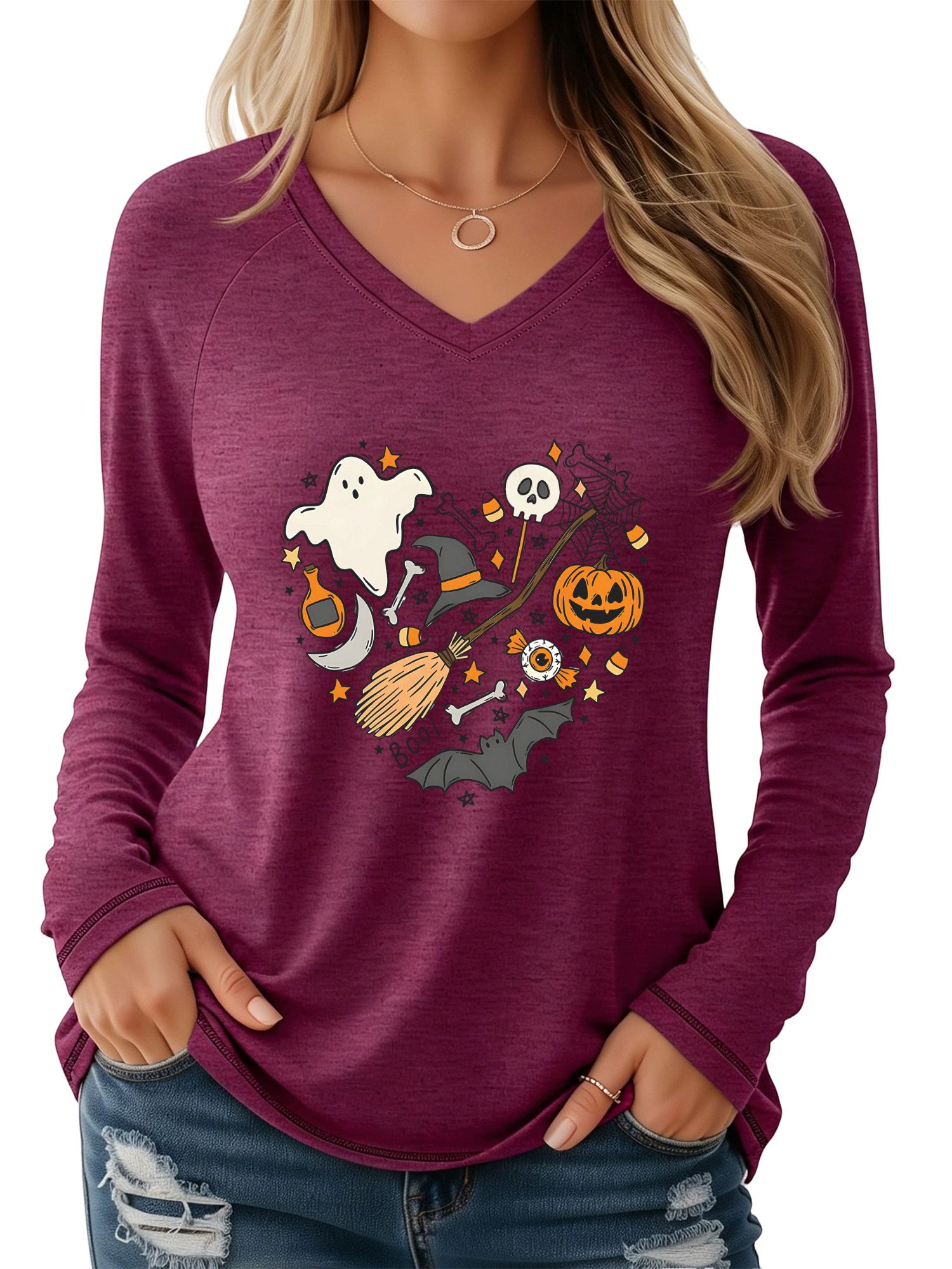 PYLIKE Longsleeve Bequemes Shirt Damen Langarm Halloween Basic-Shirt mit Geist Print Halloween Special Feiertag tragen
