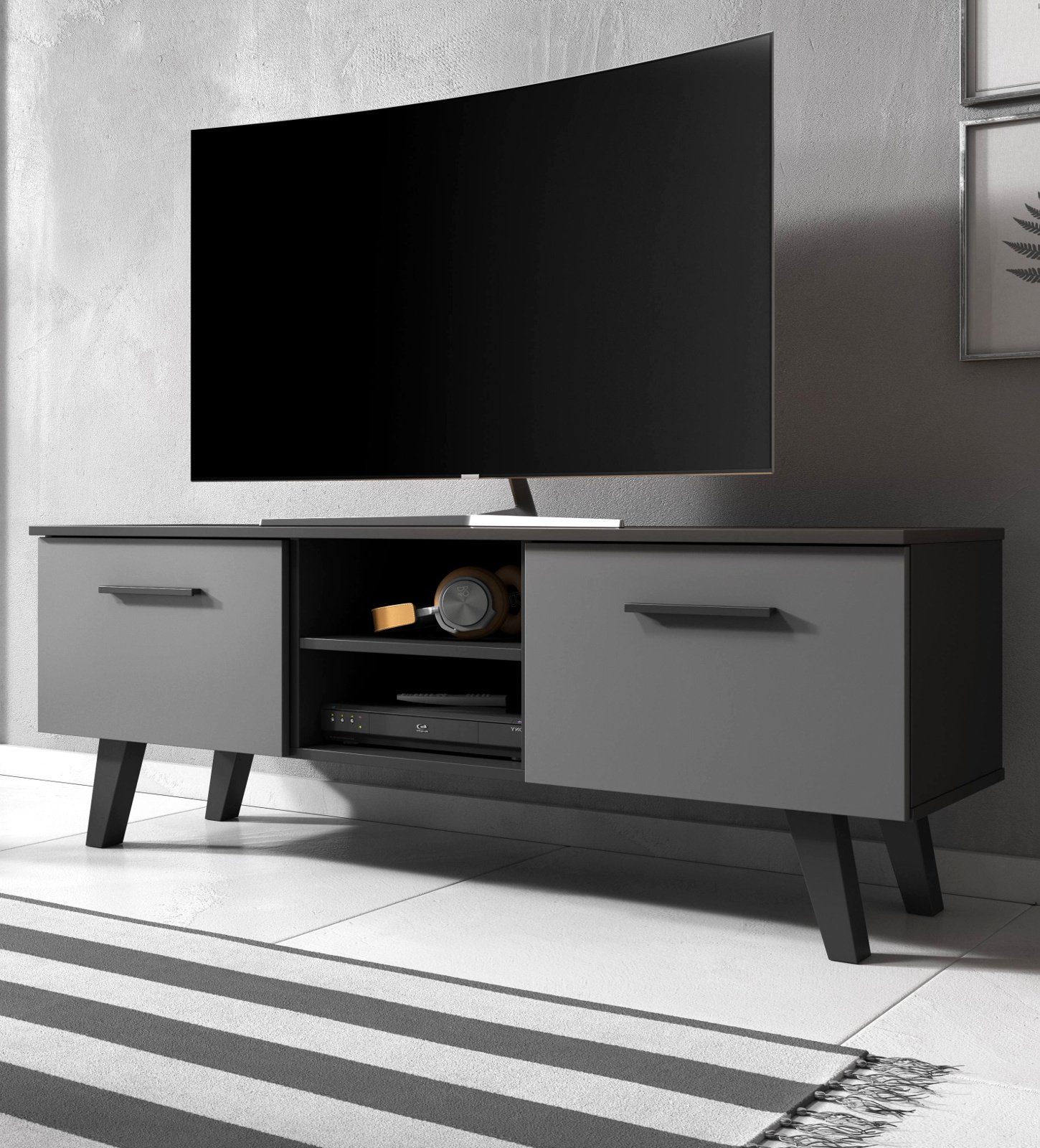 GuenstigEinrichten Lowboard Jenrik (Fernseher Unterschrank), in schwarz und grau, 2-türig