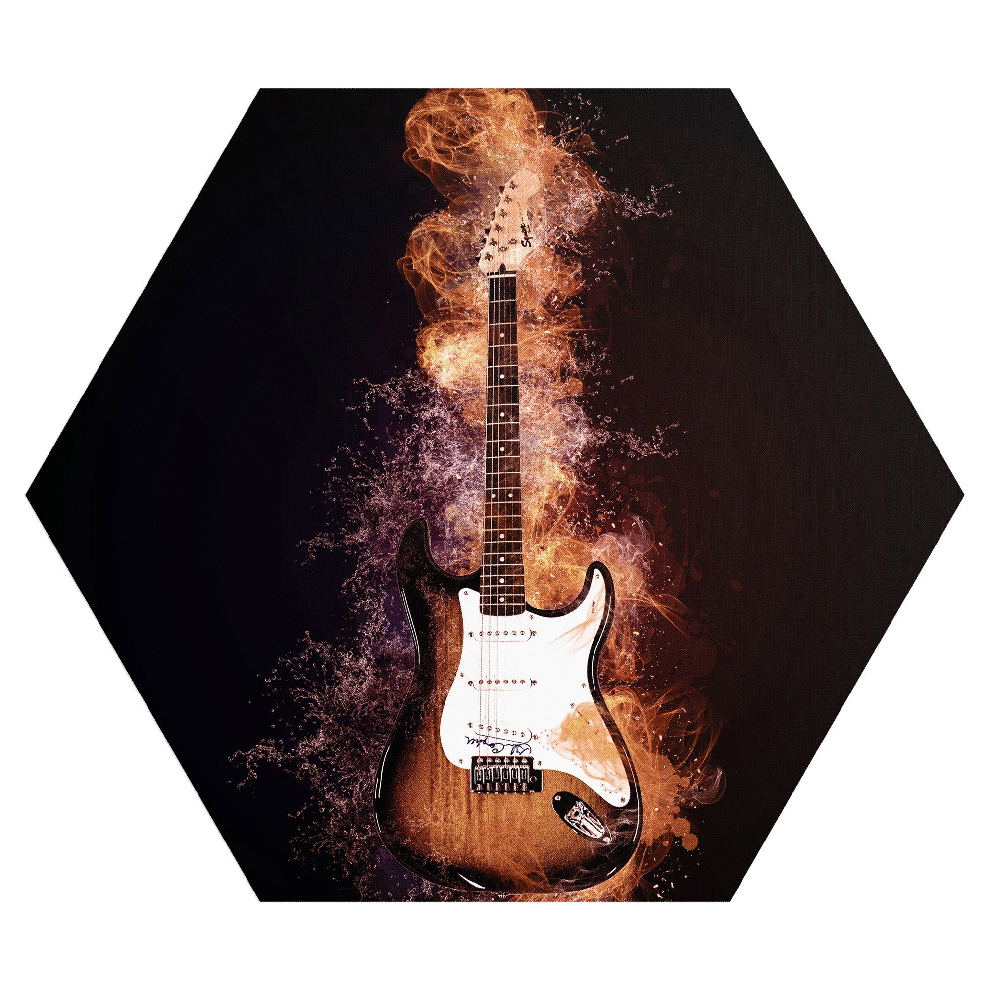 DEQORI Fototapete 'Brennende E-Gitarre', Sechseckig, matte Leinwandstruktur, bedruckt, (1 St), selbstklebend Wandtattoo Motiv Wandtapete Wand Sticker Bild Tapete