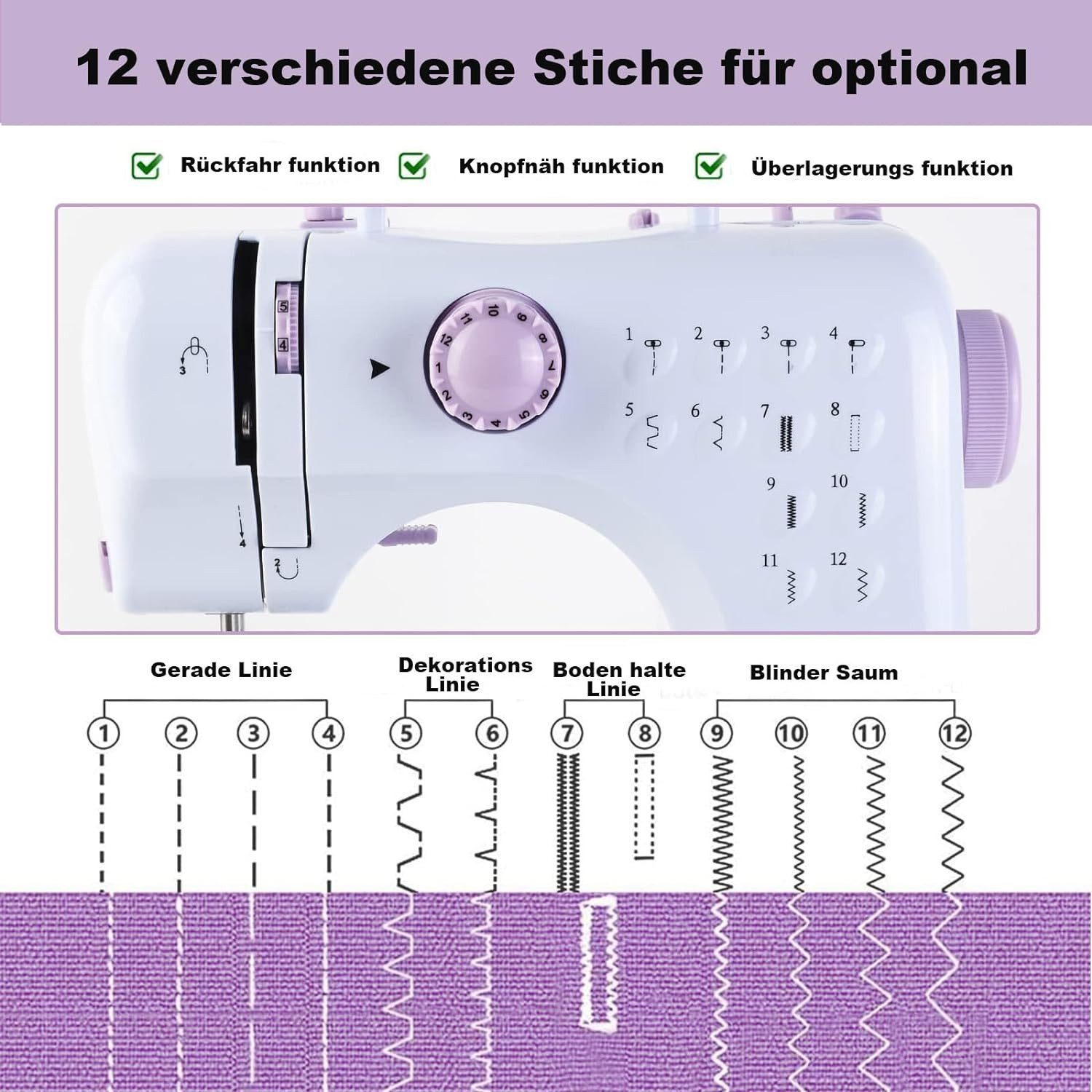 wohnTRAUM24 Nähmaschine Nähmaschine für Anfänger, 12 Stichprogrammen, Elektrische Nähmaschinen, 12 Programme, Doppellinien,Freiarm-Nähmaschine mit LED-Nählicht,Fußpedal,Nähset