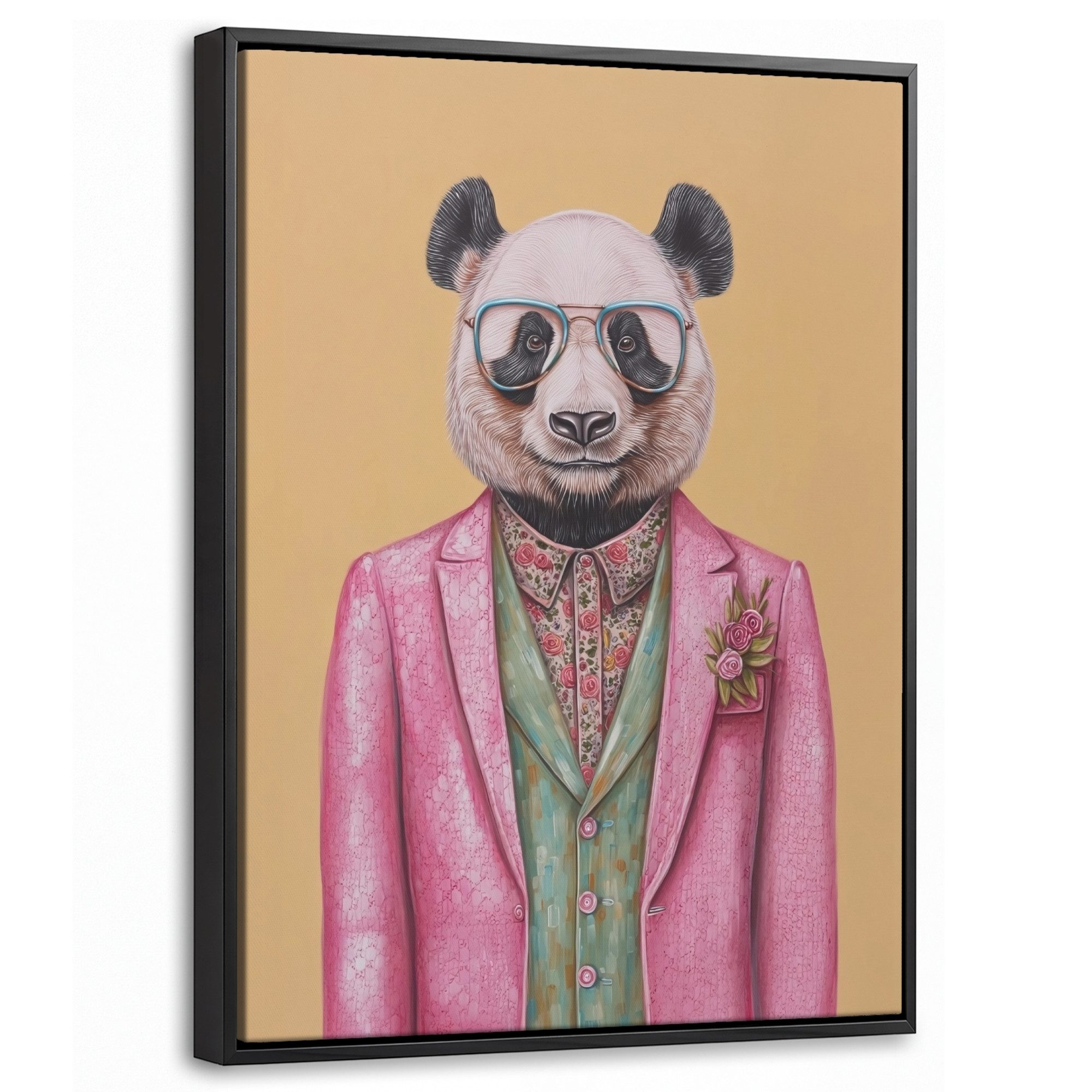 OneMillionCanvasses® Leinwandbild mit Rahmen - Panda - Anzug - Sonnenbrille - Blau, Fotodruck (1 St), Wandbild, Schattenfugenrahmen, Aufhängefertig, Wanddeko 30x40cm