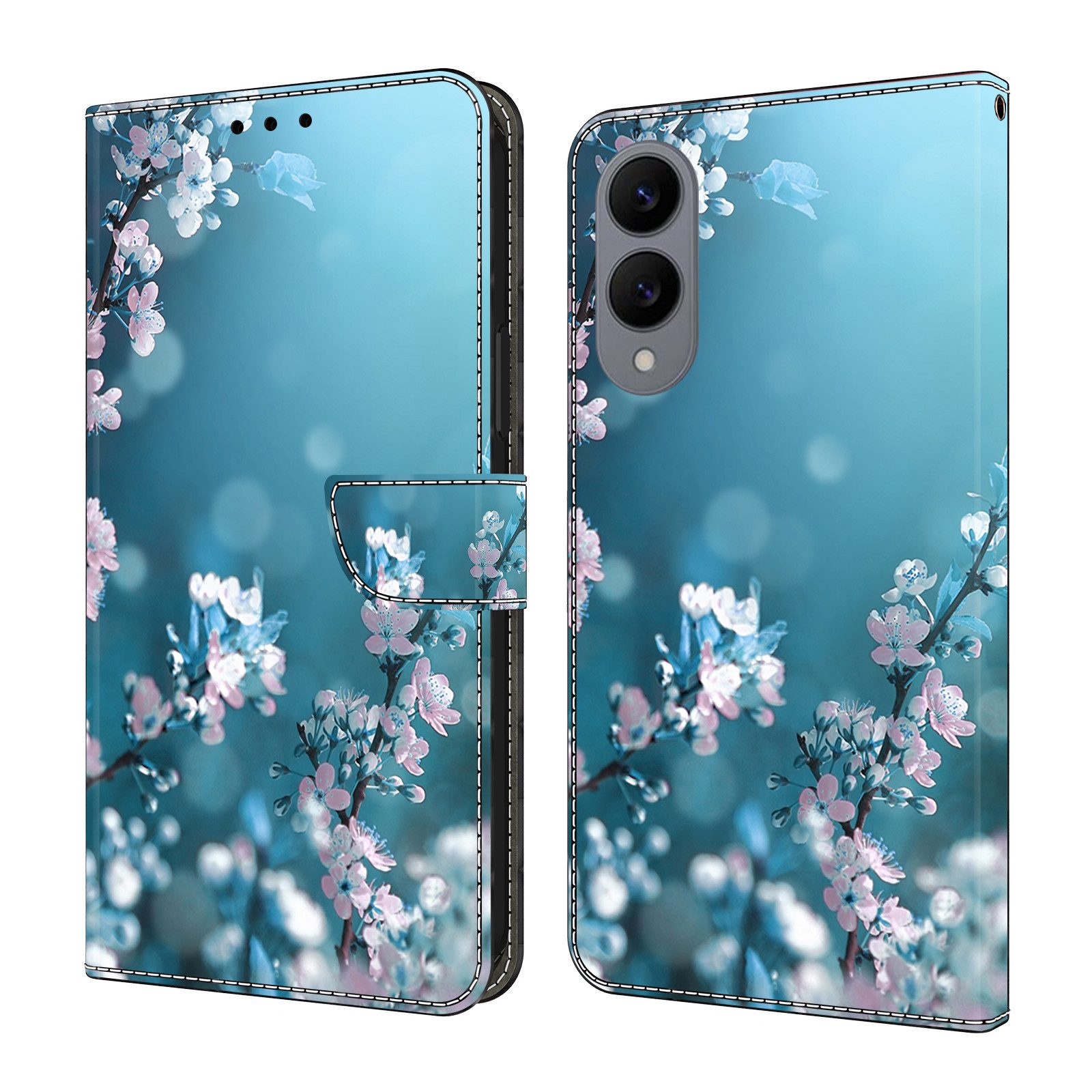 CLM-Tech Handytasche für Samsung Galaxy S25 Edge Hülle aus PU-Leder Klapphülle (Pflaumenblüte blau, Handyhülle mit Standfunktion - Wallet Flip Case inklusive Kartenfächer), Cover Magnetverschluss - Samsung Galaxy S25 Edge Schutzhülle