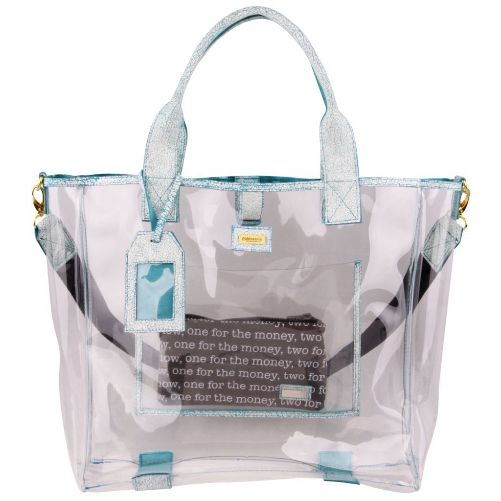 goldmarie Shopper Tasche transparent Design mit Lederhenkel, weiß-türkis,  durchsichtig