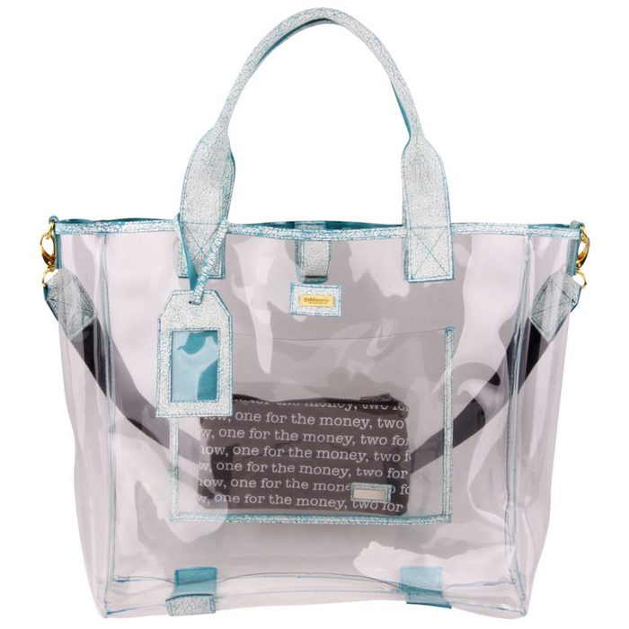 goldmarie Shopper Tasche transparent Design mit Lederhenkel weiß-türkis durchsichtig