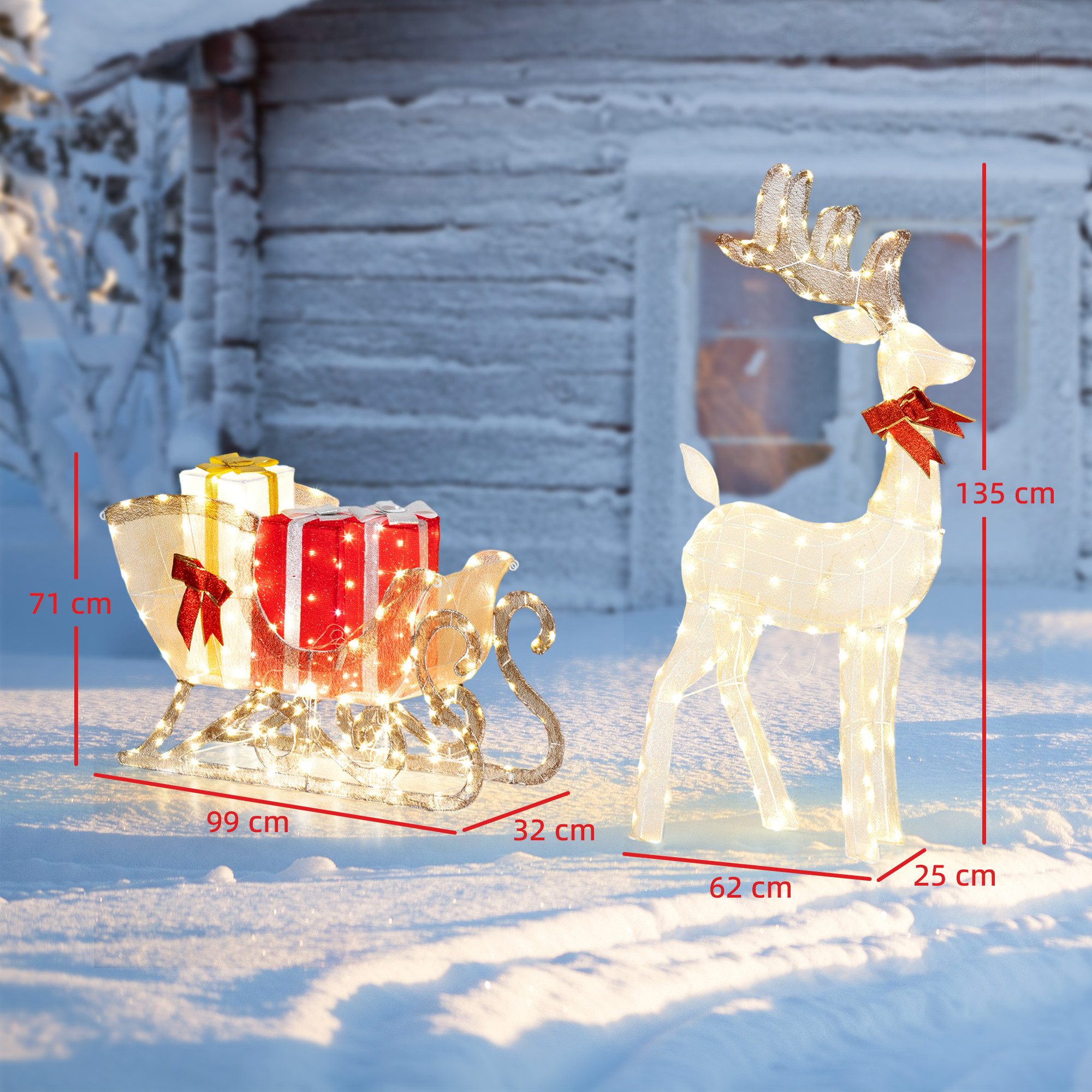 Outsunny Weihnachtsfigur LED Rentier mit Schlitten Weihnachtsdeko Weihnachtsbeleuchtung (Weihnachtsdekoration, 1 St., Weihnachtsdeko mit 337 warmweißen Lichtern), für Außen & Innen