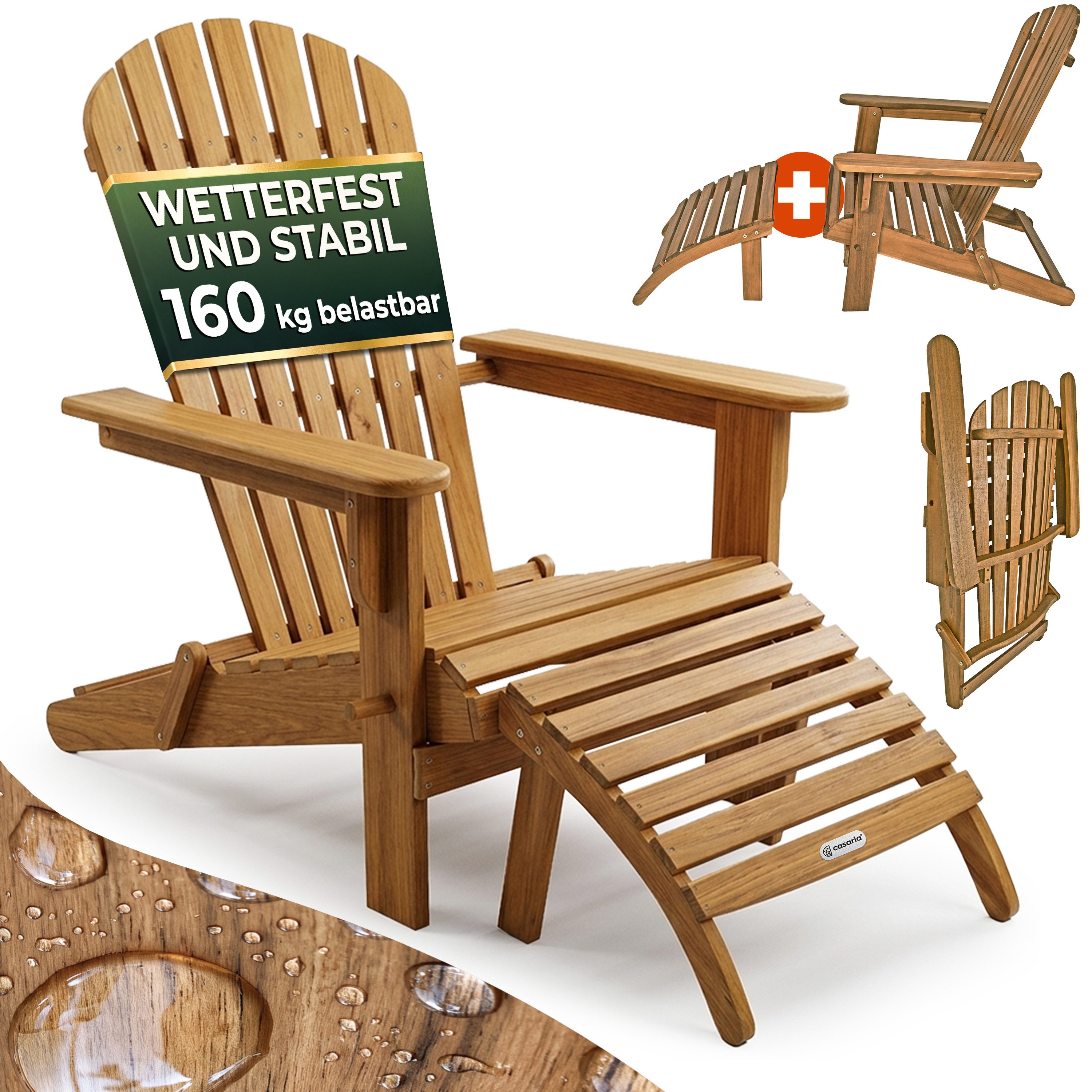 Casaria Gartensessel, Akazie Holz 160kg Belastbar Wetterfest Klappbar Fußstütze Armlehnen