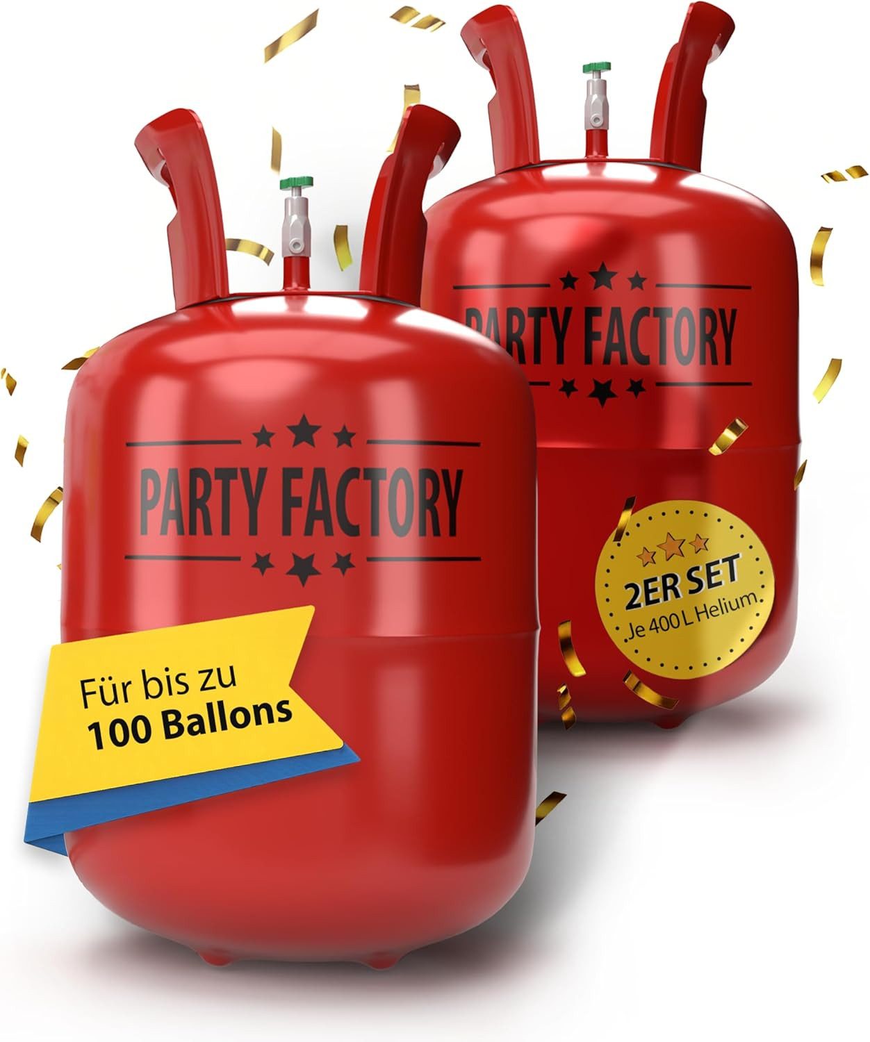 Party Factory Helium Set mit 2 Heliumflaschen für je 50 Ballons, je 400l Gasfüllung, Helium, Ballongas, Einwegflasche