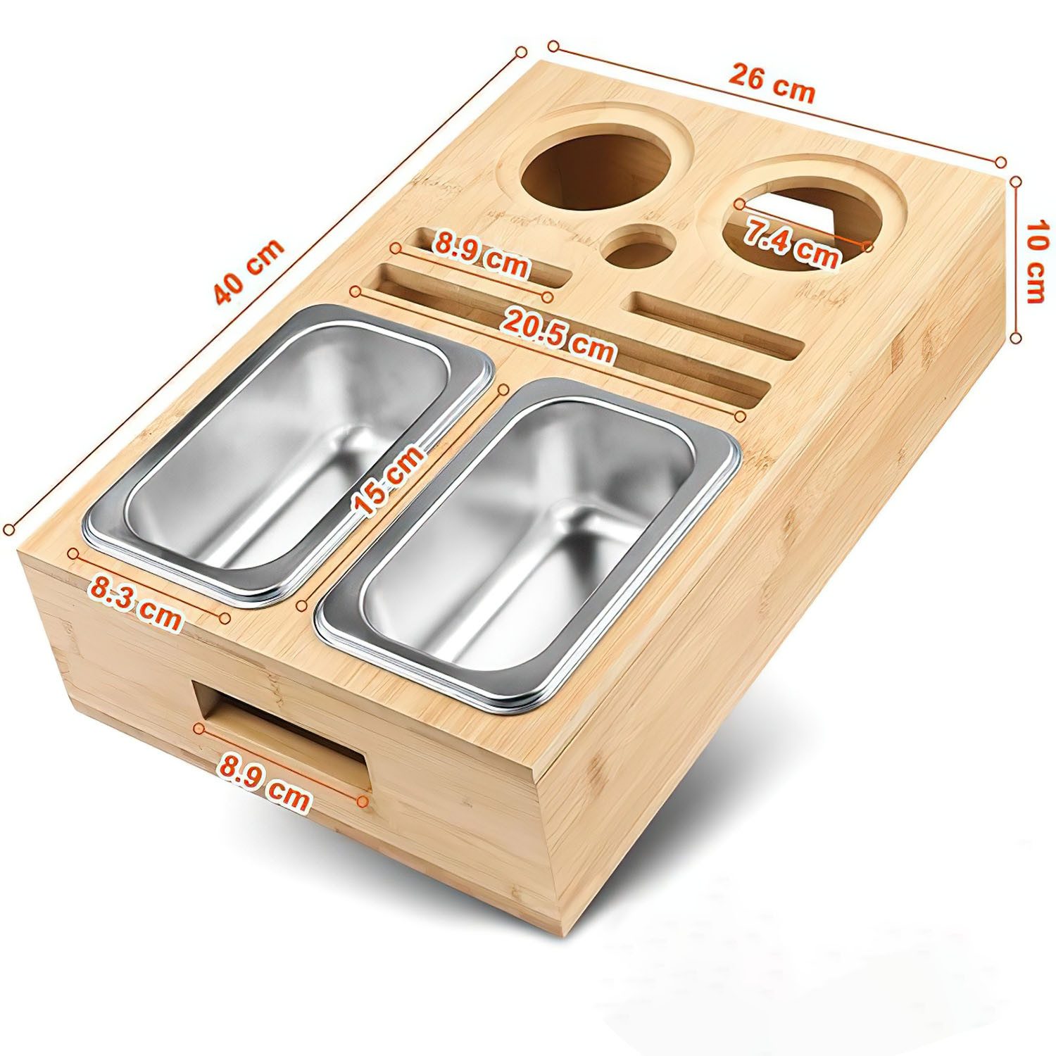 SURFOU Schüssel Snackbox mit Snackschalen aus Edelstahl und Zwei Untersetzern, (Tablett Holz Sofatablett Organizer Flaschenhalter mit Abnehmbarem), für Sofa Dek – Bild 2 von 5