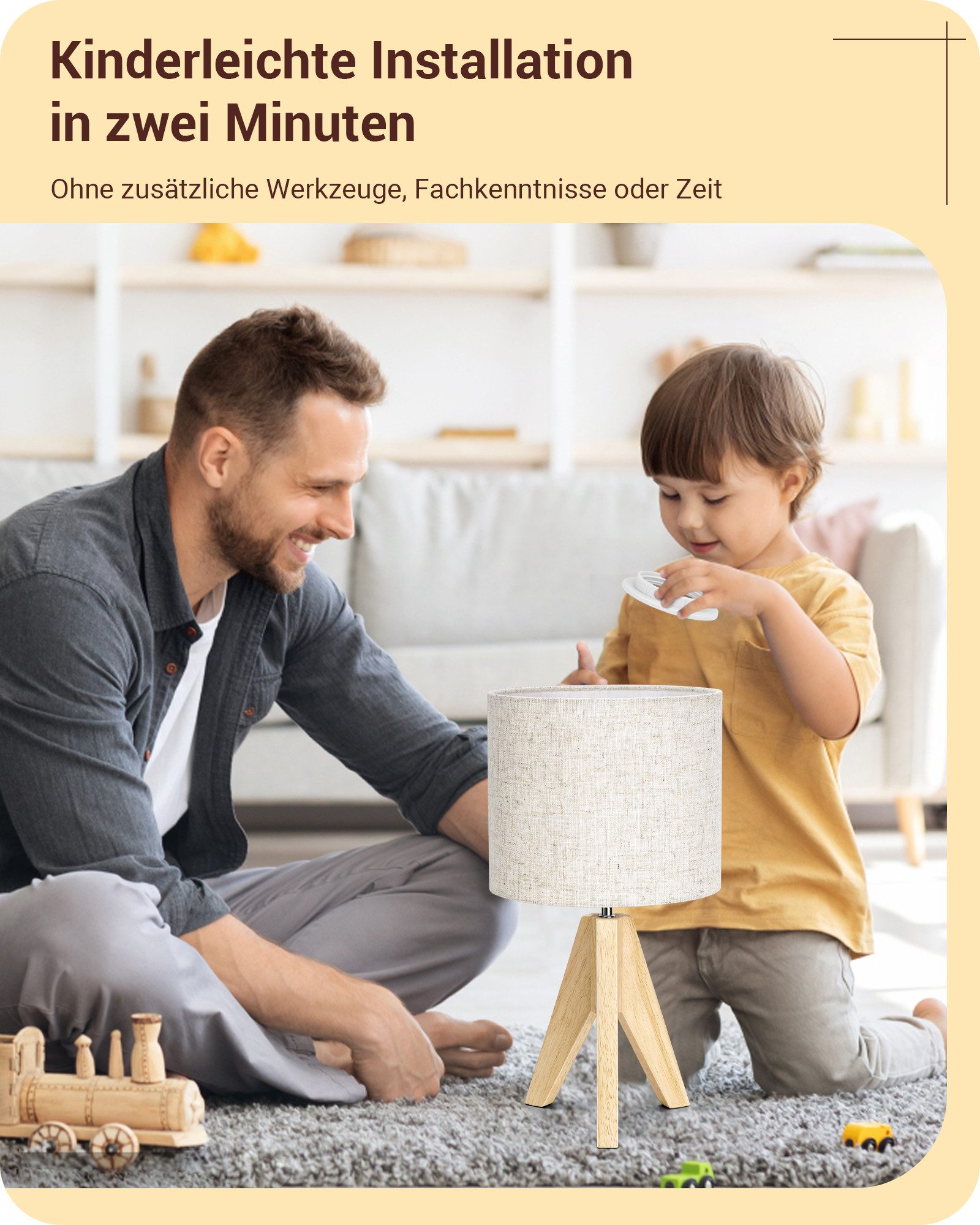 EDISHINE Nachttischlampe 2er Set, Vintage Tischleuchte aus Holz mit Leinenlampenschirm, LED wechselbar, warmweiß, H36 cm Tischlampe mit Leuchtmittel