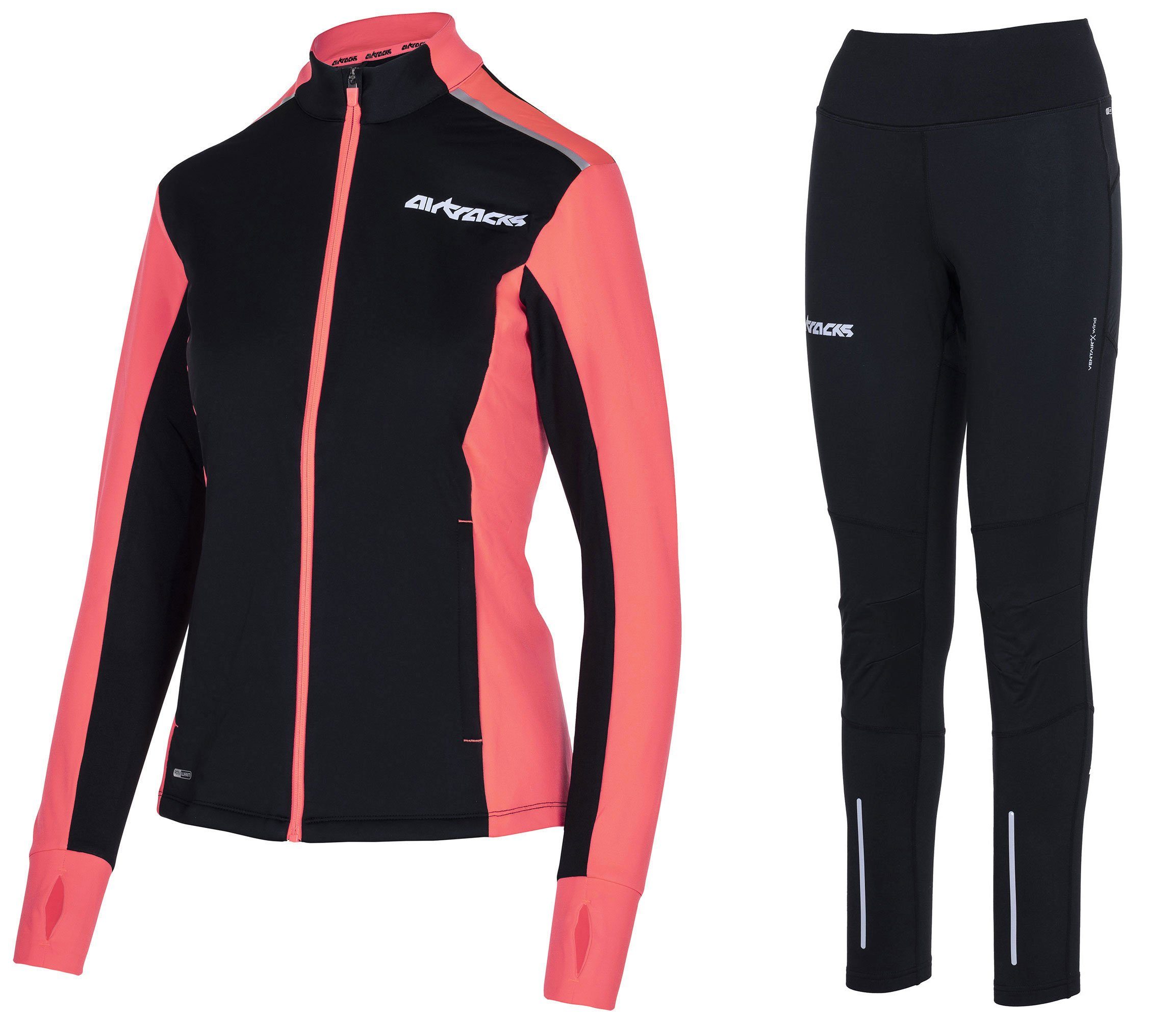 Airtracks Lauftights Winter Damen Laufset Pro Line: Laufshirt + Hose Lang (Laufbekleidung mit warme Thermoqualität, Laufset 2 -tlg) bei kaltem Wetter Herbst - Winter » S M L Xl XXL XXXL «