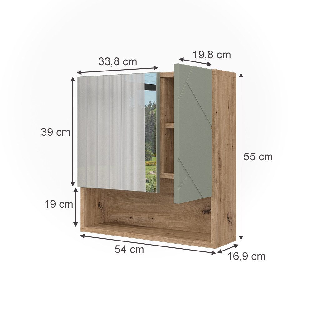 Vicco Badezimmerspiegelschrank Irma, Salbeigrün/Artisan, 54 x 55 cm (1-St)