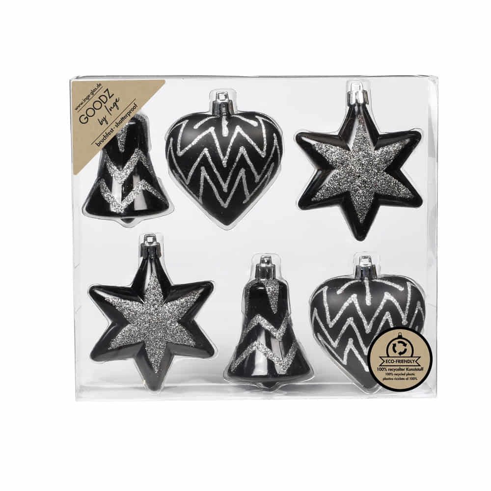 MAGIC by Inge Weihnachtsbaumkugel Kunststoff Formensortiment 6 Stk 9cm Schwarz Mix