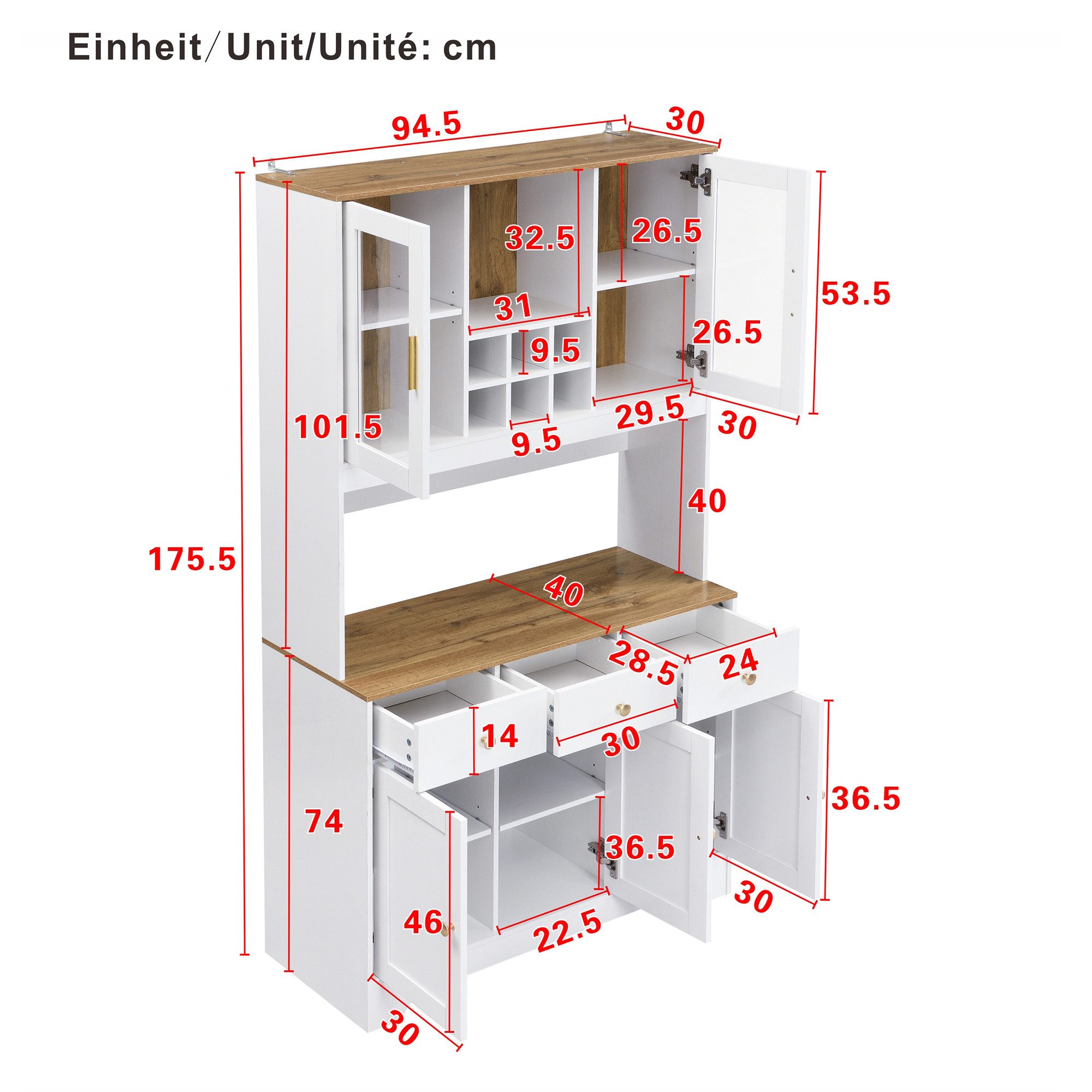 Odikalo Küchenbuffet Küchenschrank Hochschrank Sideboard mit Weinregal (Sideboard, Hochschrank in weißer Holzmaserung, 94,5 x 30 x 175,5 cm, für Wohn- und Esszi – Bild 4 von 5