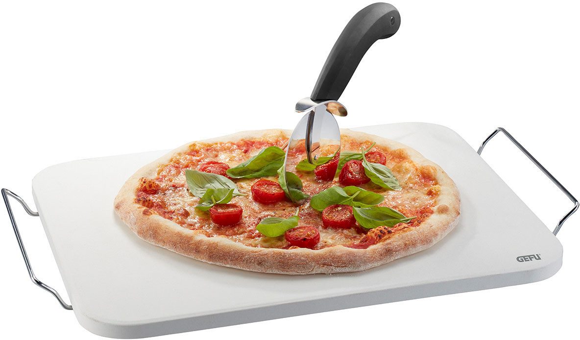 Pizzastein Set: Pizzastein DARIOSO mit Gestell + Pizzaschneider + Pizza-Schieber