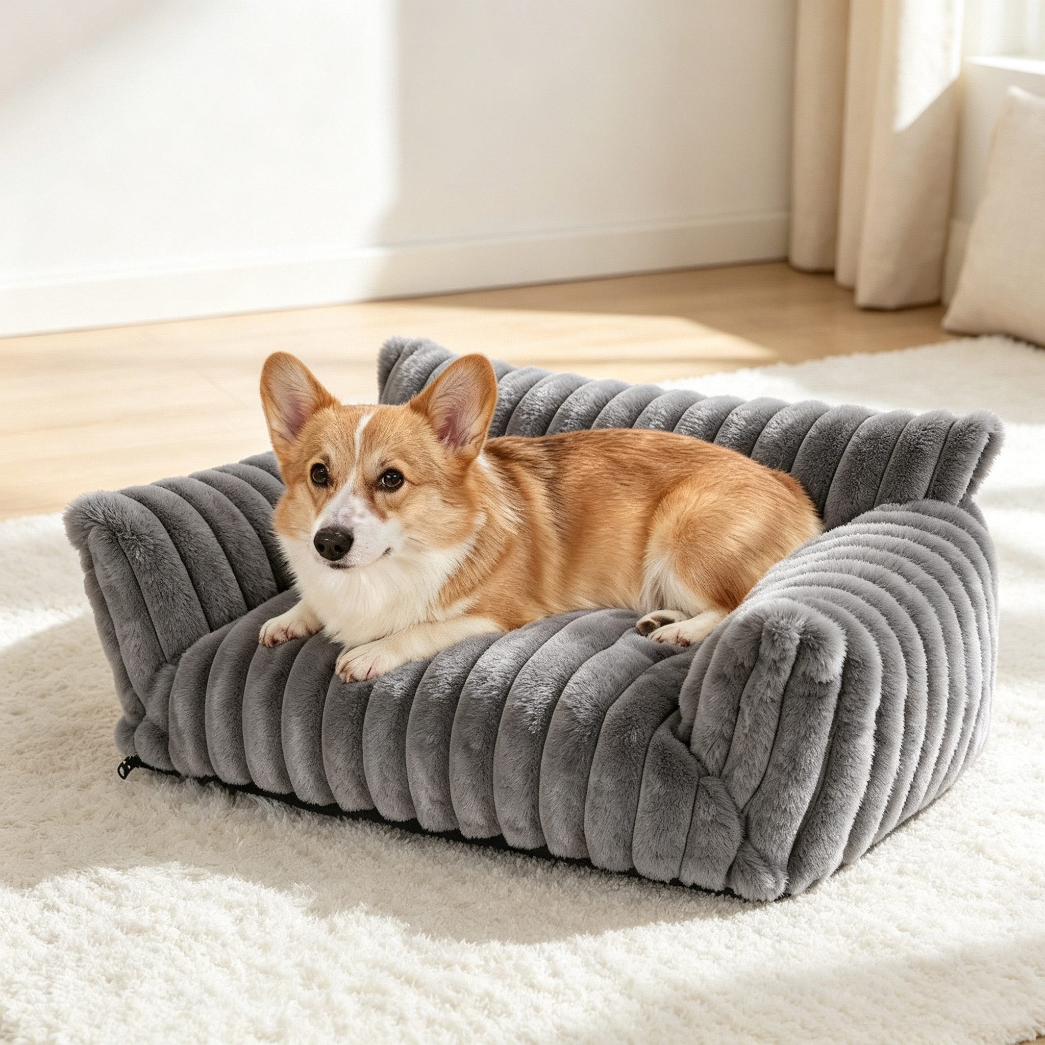 Rywell Tierbett Katzenbett weich Haustiersofa für Katzen, abnehmbar/waschbar, Grau, Kaninchenfellimitat & PP-Baumwolle, dauerhaft, 76*51*25 cm