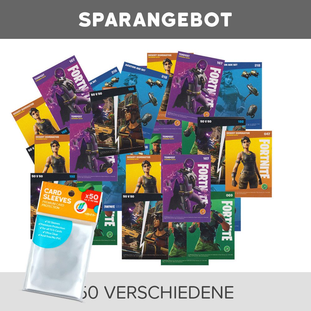 Fortnite Sammelkarte Fortnite Reloaded - - 50 verschiedene, zufällige Karten + Hüllen