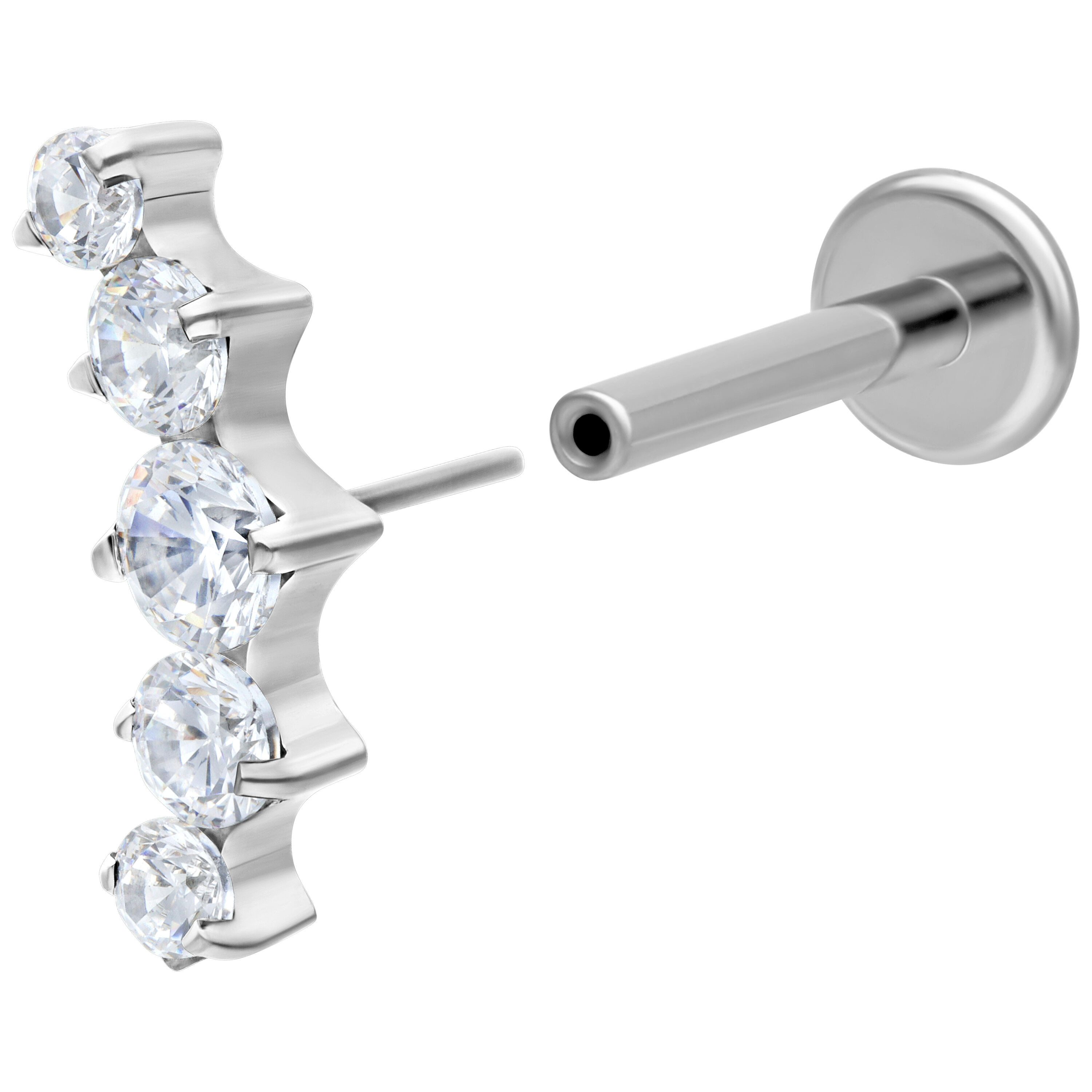 Wildcat Piercing-Set Push Fit Curved 5 Crystal Labret für Ohr, 1 Stück, Titan Grad 23 - wasserfest, hautverträglich, Silber-Kristallklar