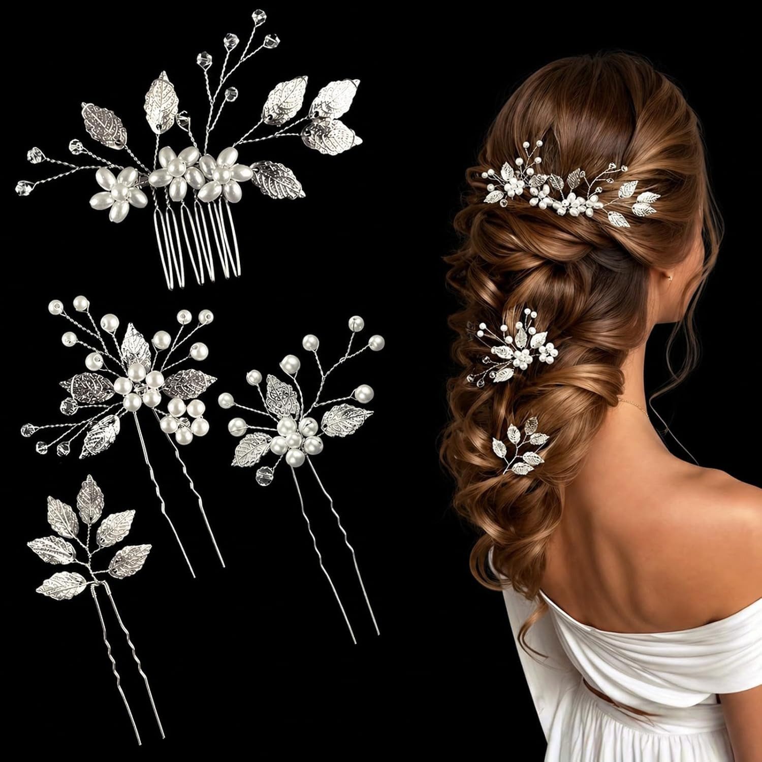 MOPUEA Haarspange Haarschmuck 4er Set mit Perlen, Kristall & Blättern Haarkamm, Set, 4-tlg., 1 Haarkamm Hochzeit + 3 Haarpins, Brautschmuck Haare für Damen, Kommunion & Konfirmation