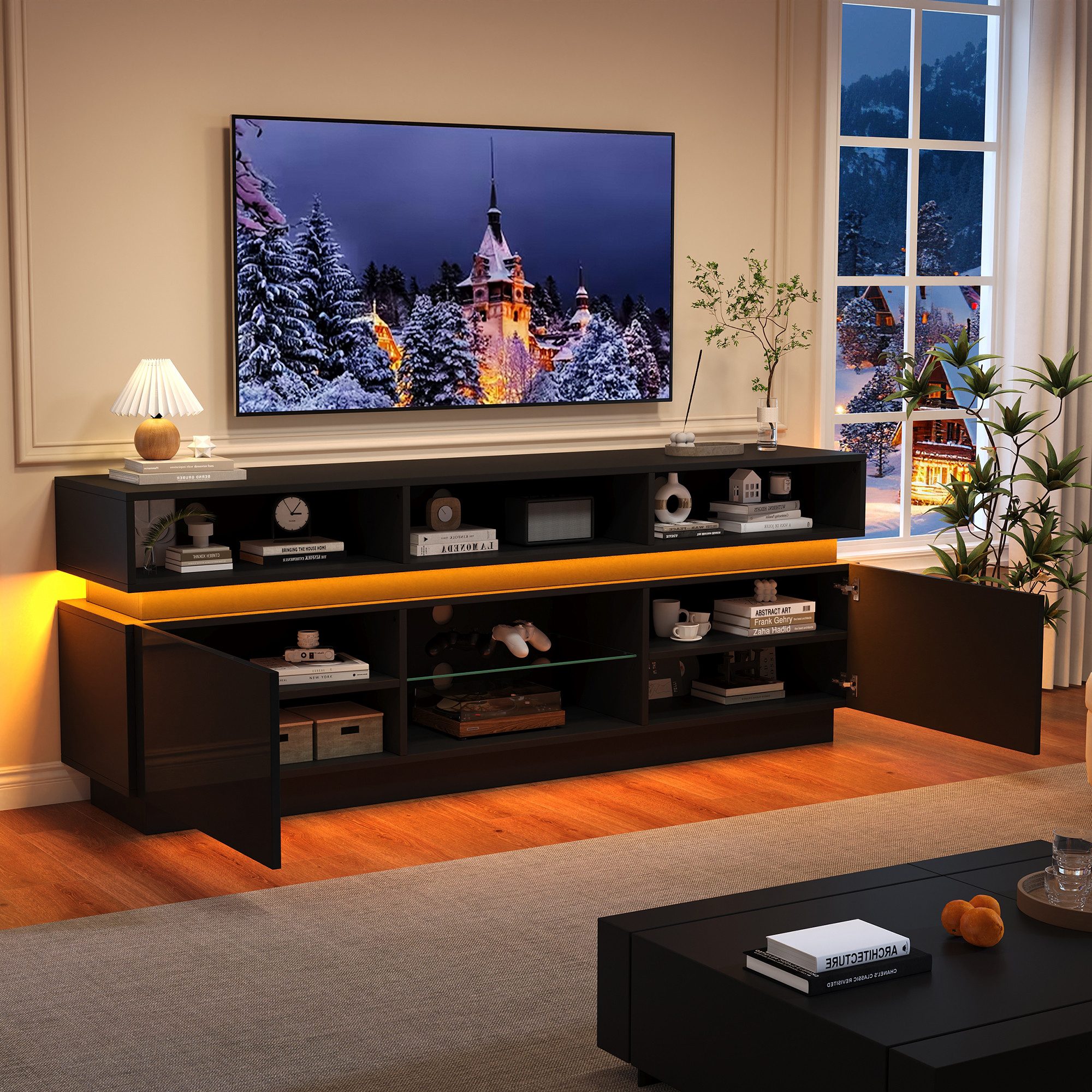 MODFU TV-Schrank Glasablage, Hochglanz-Oberfläche, MDF (Packung, 1-St., Flacher TV-Schrank 160 cm in Schwarz mit LED-Beleuchtung) Wohnzimmerschrank für TV-Geräte bis 60 Zoll