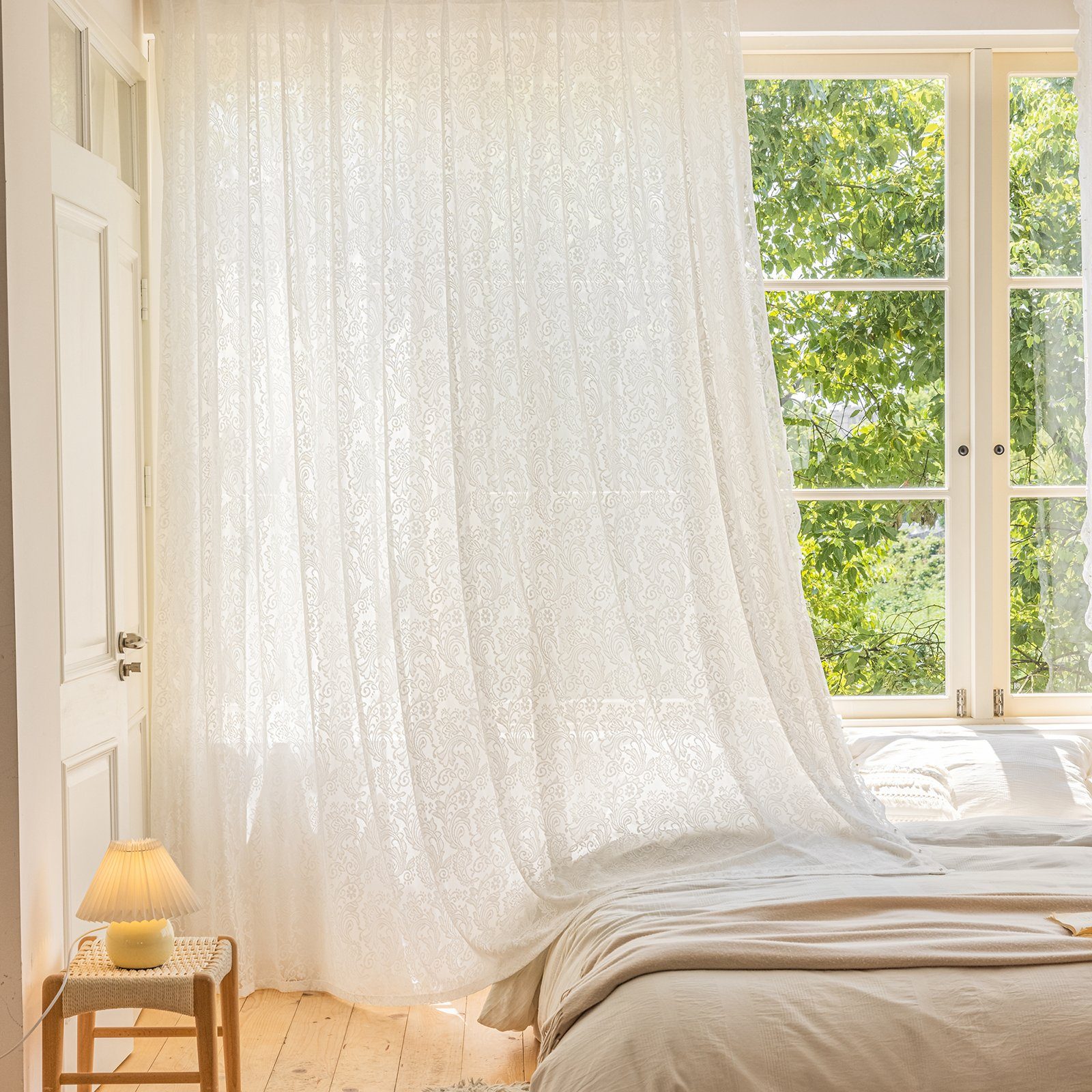 Rosnek Gardine Elegante Spitze, Perlen, Stabtasche, für Wohnzimmer Schlafzi günstig online kaufen