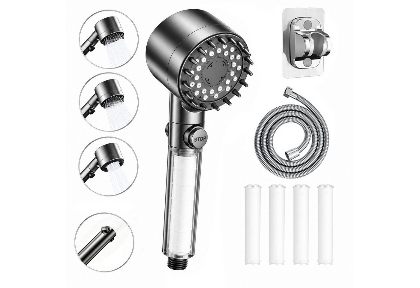 BOOD Handbrause Hochdruck-Duschkopf mit Filter und Ein-Knopf-Stoppfunktion,3 Modi, (Packung, Montage erforderlich), Packungsinhalt Grau2: 1 Handbrause+4 Filterwatten+Haken+Schlauch