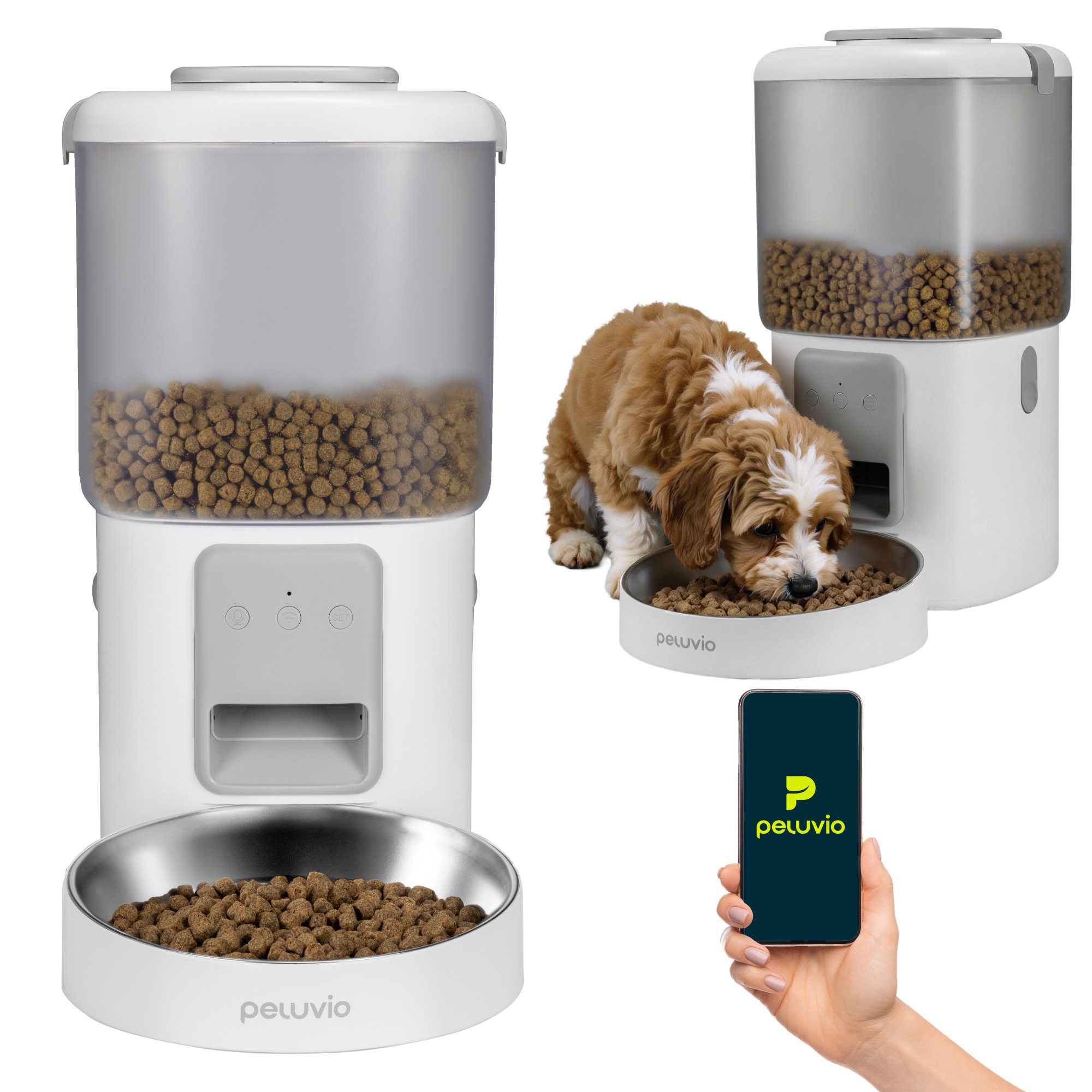 Peluvio Hunde-Futterspender CRISPY WIFI DOG, 4,5L Vorrat / App-Steuerung / 2,5m Beißschutzkabel / Notstrom