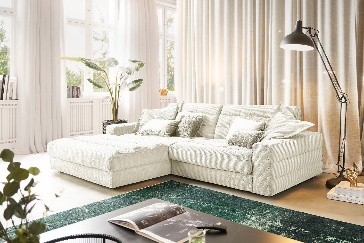 KAWOLA Ecksofa LANA, Sofa Cord Recamiere rechts od. links versch. Größen und versch. Farben cremeweiß | Ecksofas