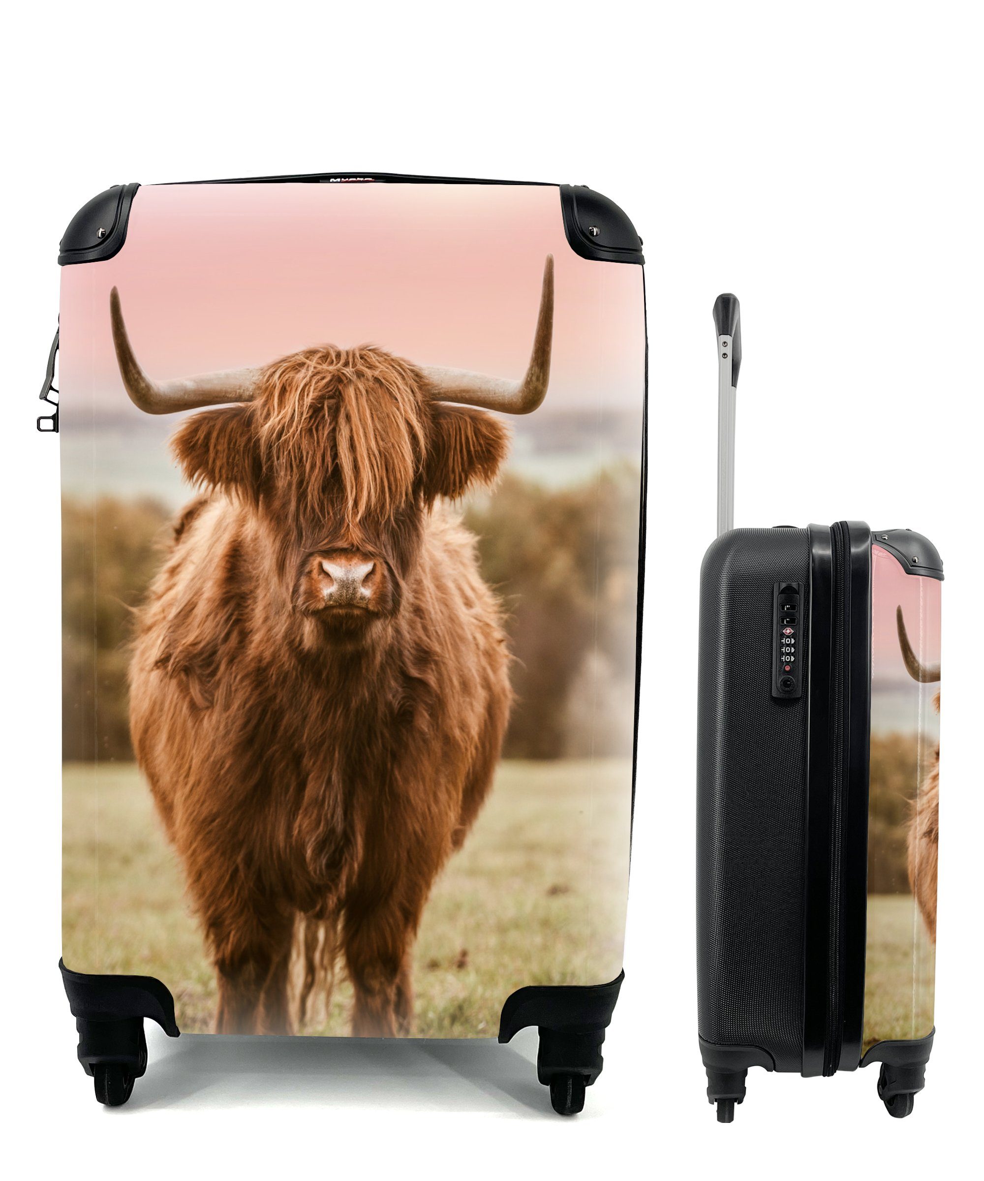 Horizont, - Reisetasche für Ferien, - Handgepäck Kuh 4 Trolley, mit Schottischer Reisekoffer MuchoWow Highlander Rollen, rollen, Handgepäckkoffer