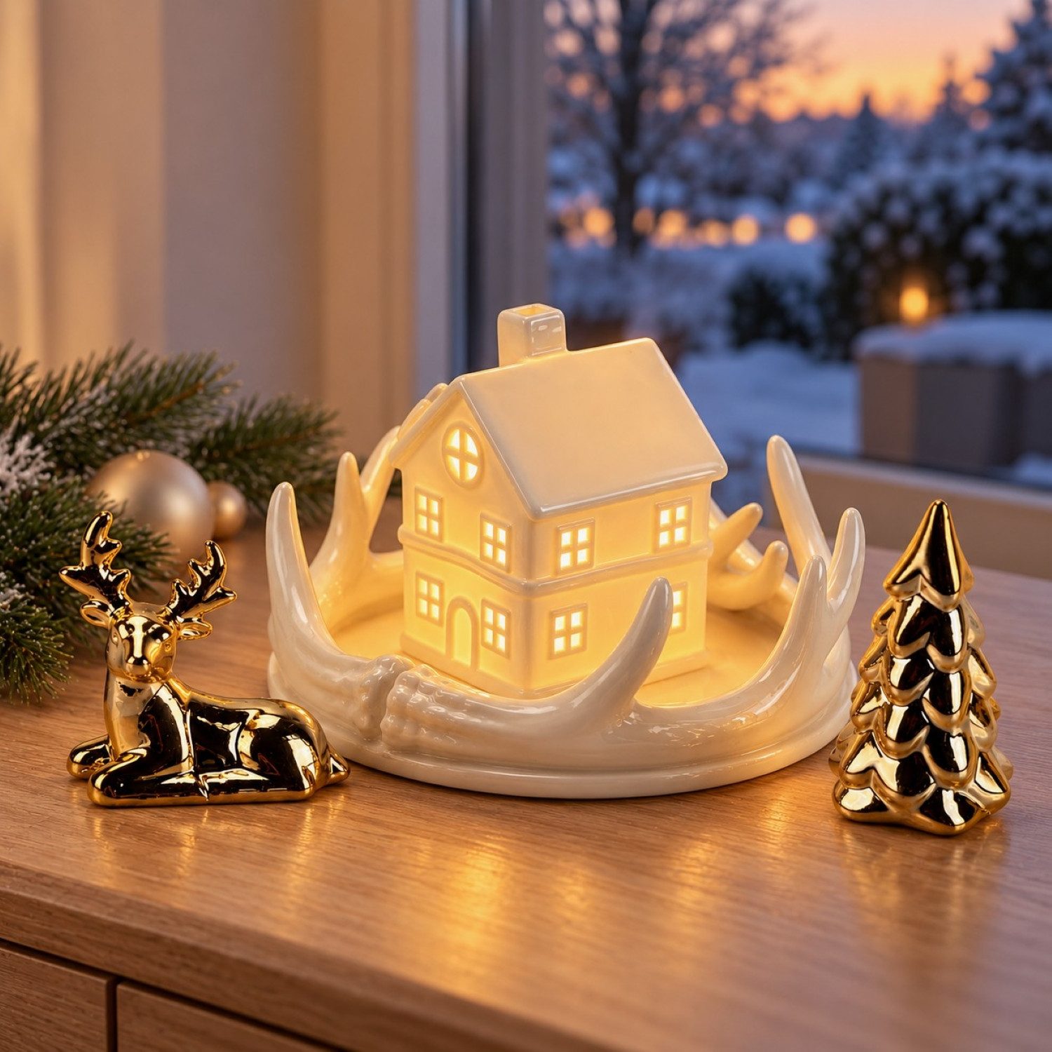 Online-Fuchs Weihnachtsdorf - Lichthaus aus Keramik mit LED-Beleuchtung & Timer - Weihnachtsdeko, mit goldfarbigen Hirsch und einer Tanne für festlich glänzende Akzente