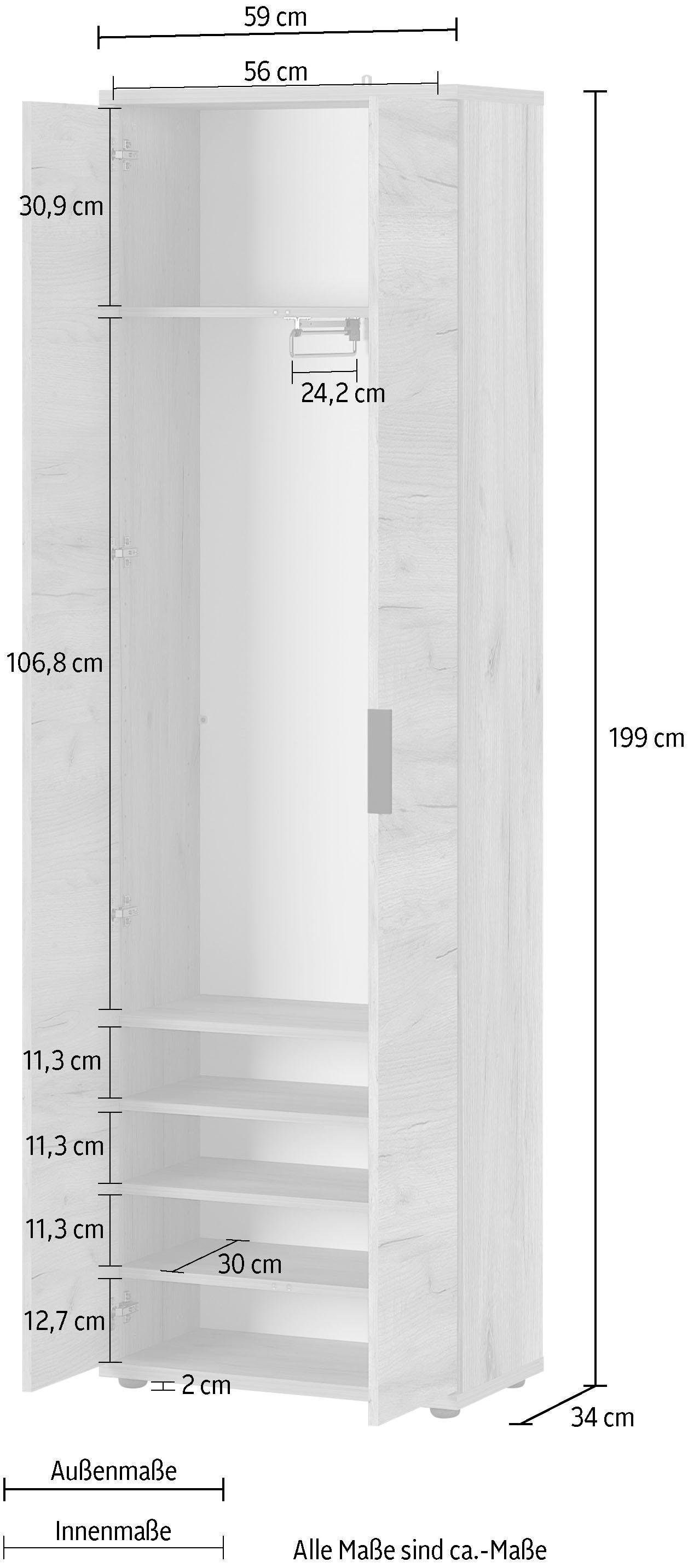 GERMANIA Garderobenschrank Fremont Breite: 59 cm, Metallgriffe, verstellb. Böden, ausziehb. Kleiderstange – Bild 4 von 5