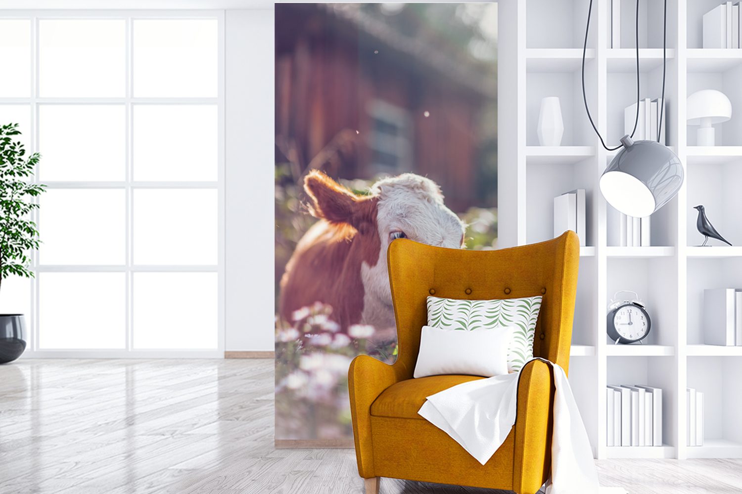 Kuh MuchoWow (2 St), Vliestapete Sonne Schlafzimmer Fototapete für Küche, Wohnzimmer Matt, Blumen, bedruckt, - Fototapete -