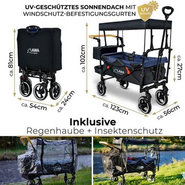 LAWA Living and Lifestyle Bollerwagen faltbar mit Dach Handwagen klappbar für Kinder mit Regenschutz Bremse (Spar Set), Sonnendach Becherhalter Schiebegriff Fliegengitter Regenhaube bis 80kg