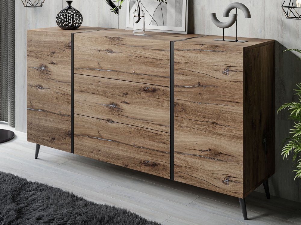 ALLHOUSE24 Kommode FLAGSTAFF EICHE Sideboard mit Schubladen LOFT Metall Beine, Breite 158 cm