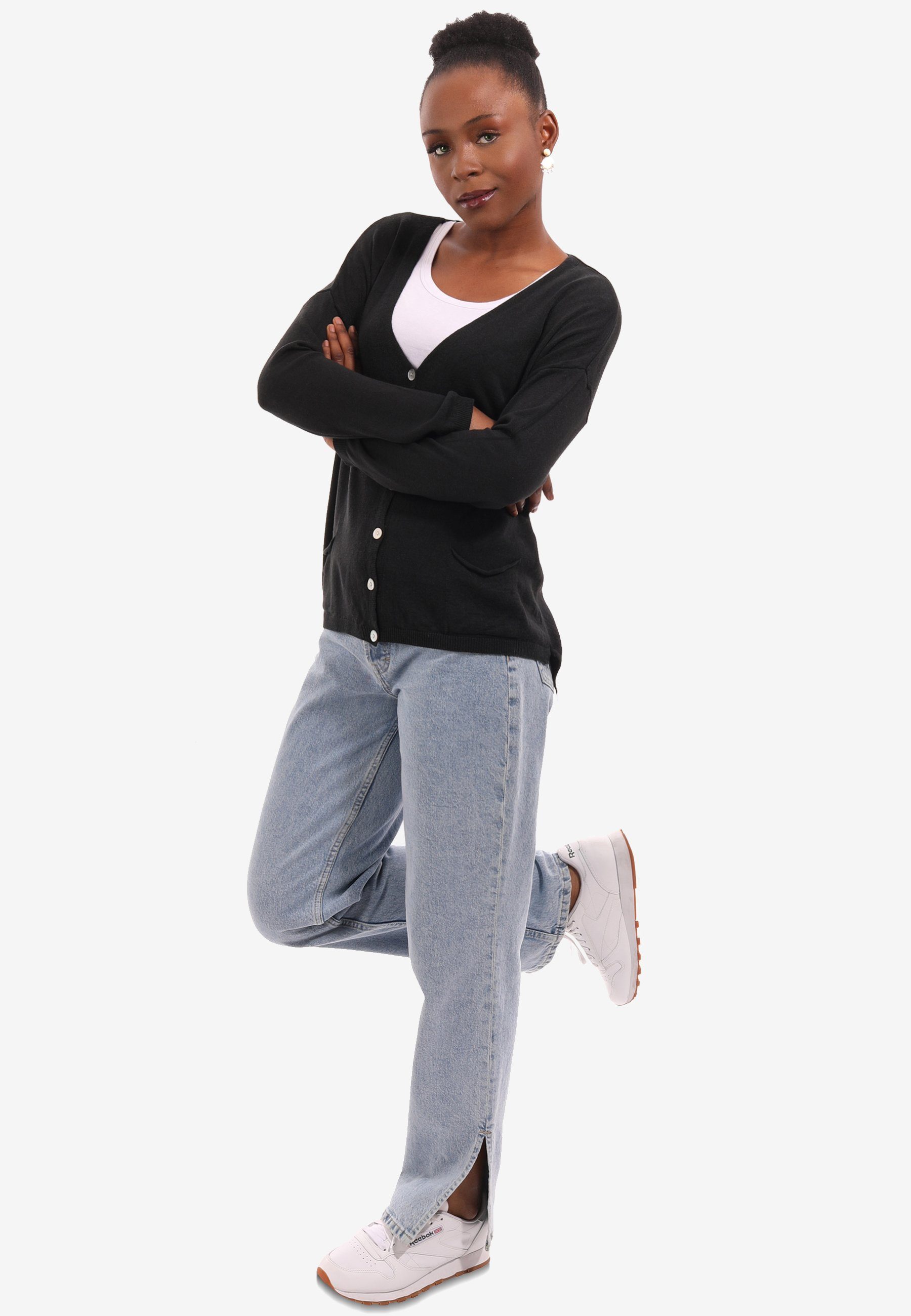 YC Fashion geknöpft, Vorne in mit Style Unifarbe, - (1-tlg) Knopfleiste Feinstrick Cardigan locker geschnitten, & Cardigan schwarz