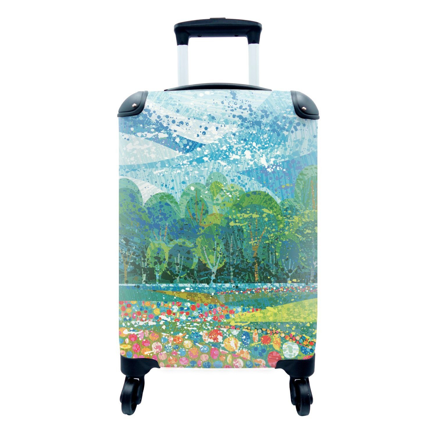 Handgepäckkoffer Reisekoffer Reisetasche Blumenfeld mit von Wald, MuchoWow für Illustration rollen, Ferien, 4 und Trolley, Handgepäck Abstrakte Rollen,