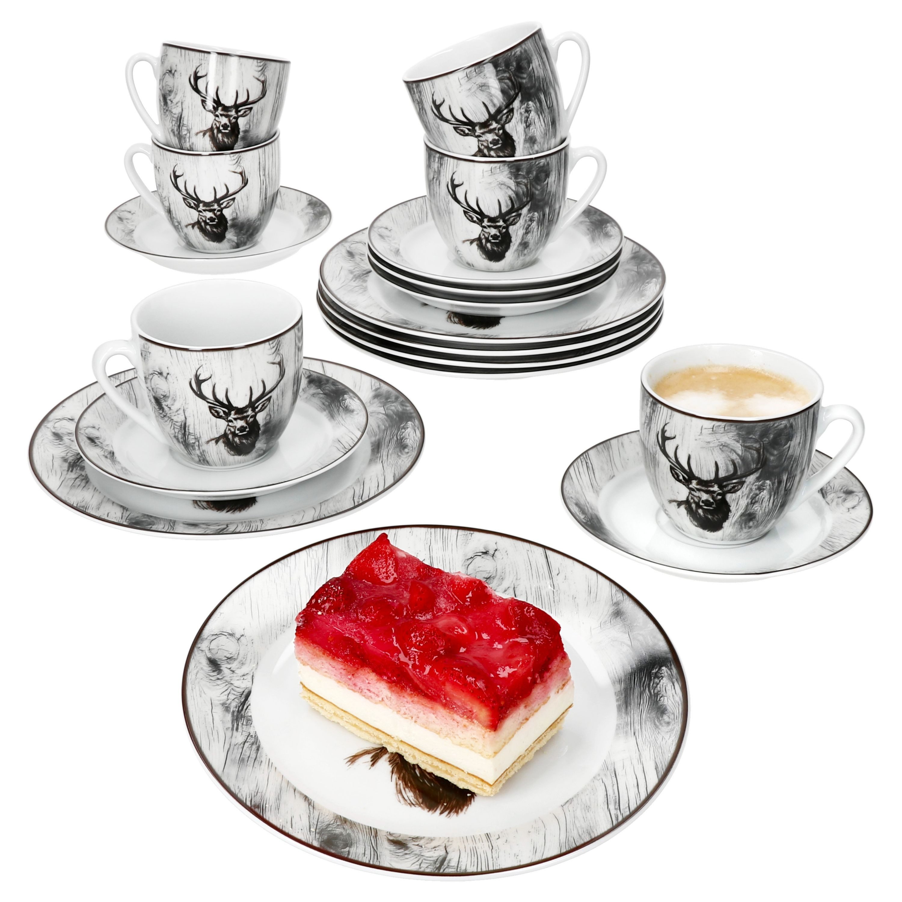 MamboCat Kaffeeservice 18tlg Kaffeeservice Alois Porzellan 6 Personen Hirsch, Porzellan