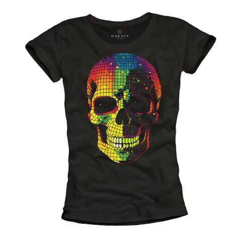 MAKAYA Print-Shirt Totenkopf Disco Skull Rockige Mode Damen Sommer Top Gothic Druck Kurzarmshirt, Schwarz