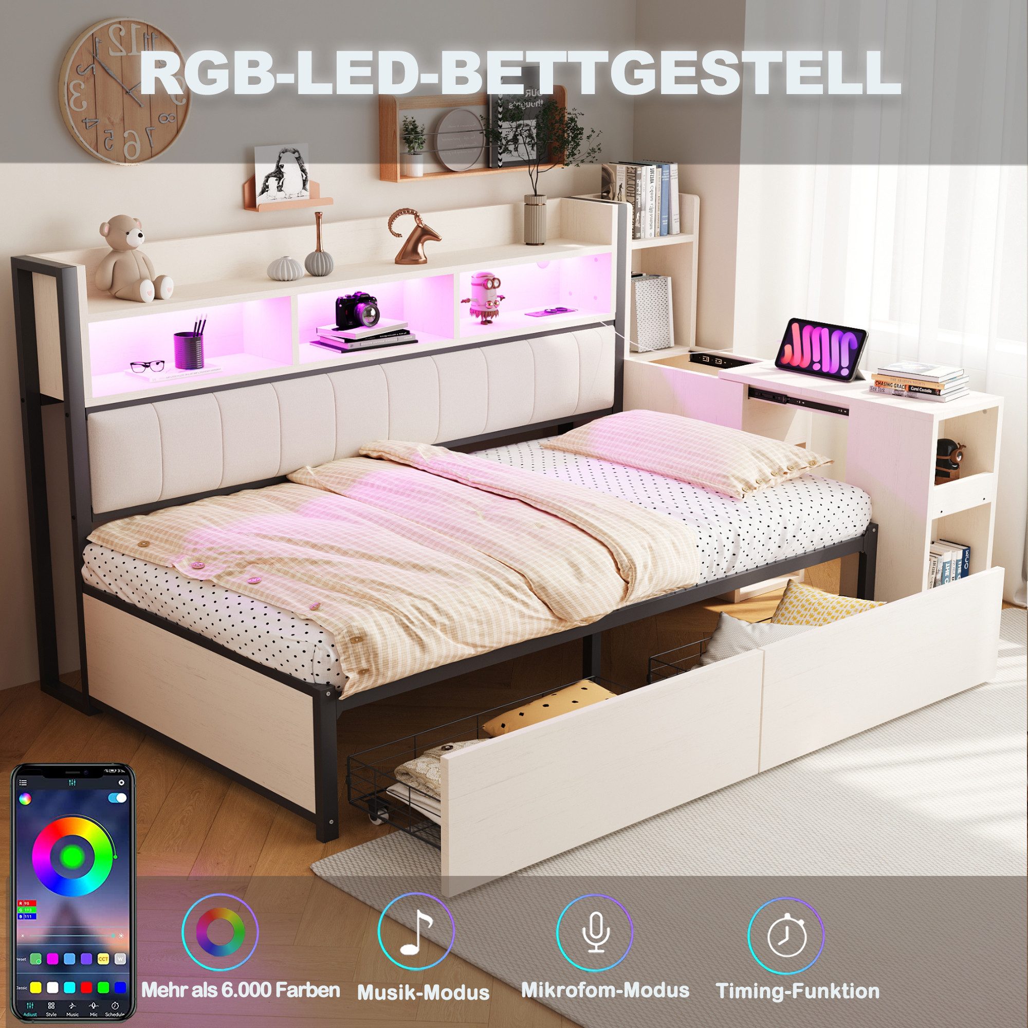 Celya Schlafsofa 90 x 200 cm, Mit vielseitigen Staufächern, ohne Matratze,mit multifunktionalen Steckdosen und LED-Beleuchtung, mit großen Schubladen und einem ausziehbaren Schreibtisch